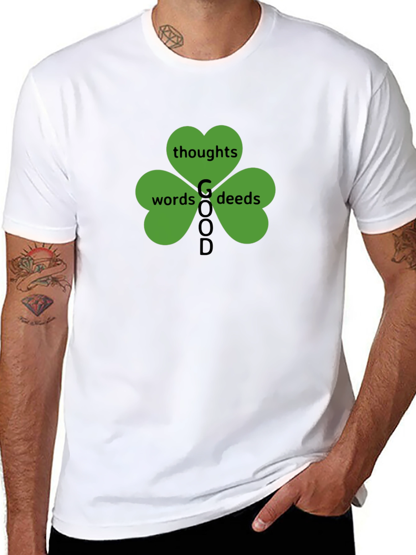 Good Thoughts Words Deeds Clover Black T-Shirt
