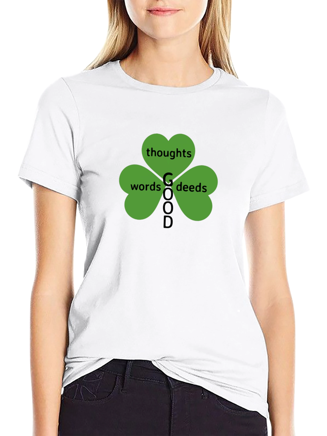 Good Thoughts Words Deeds Clover Black T-Shirt