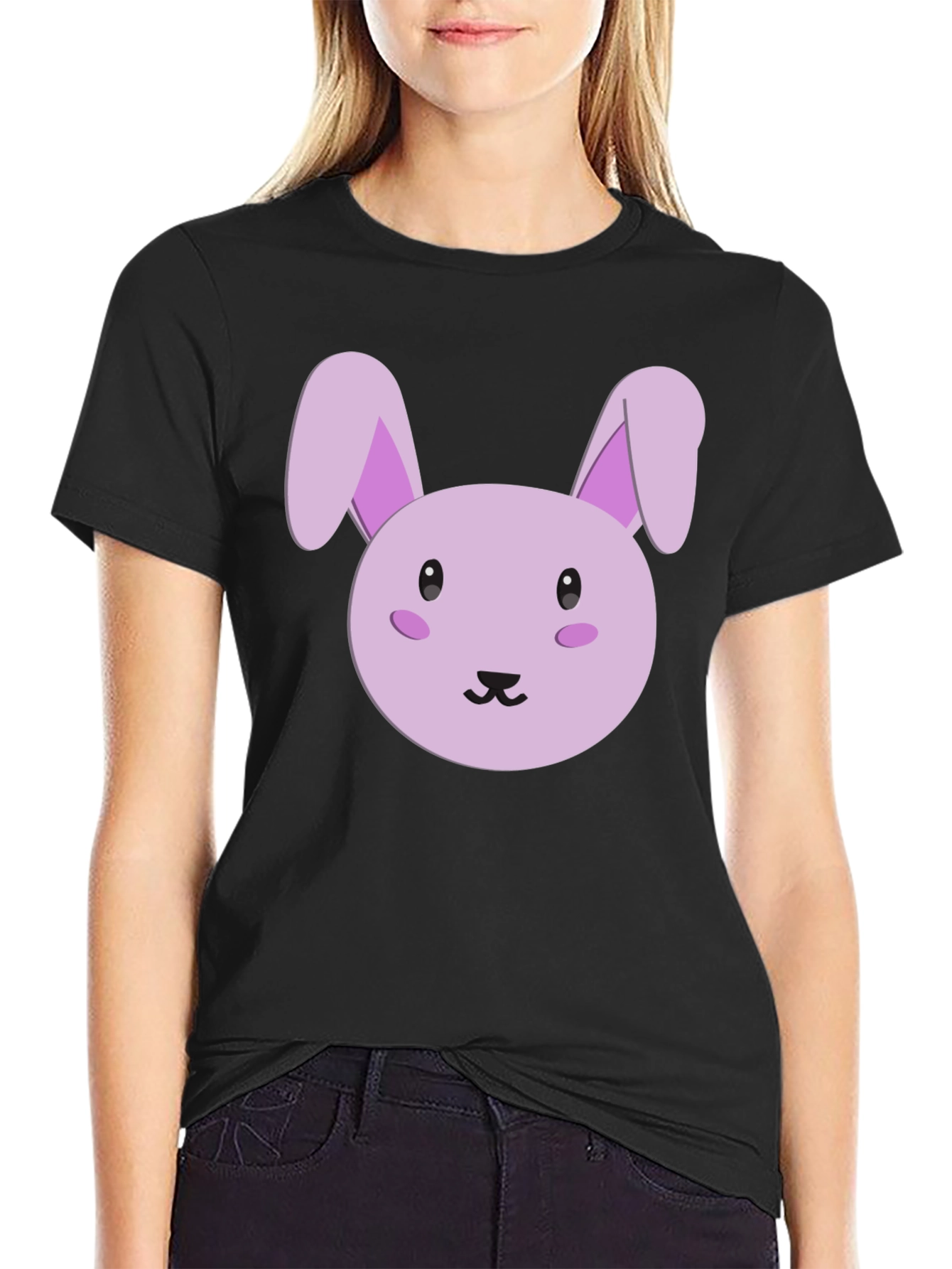 Cute Cartoon Bunny Graphic Tee - Black