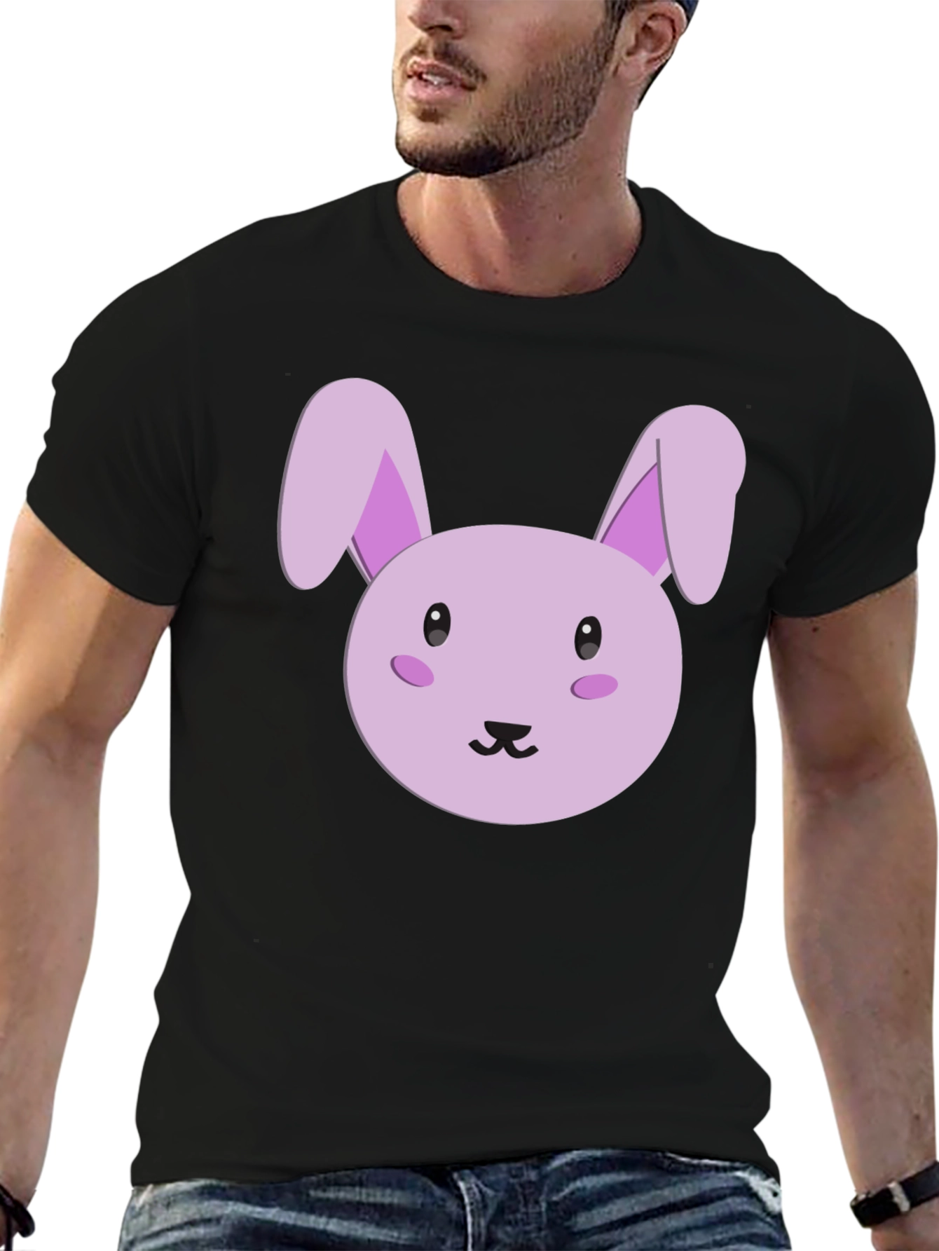 Cute Cartoon Bunny Graphic Tee - Black