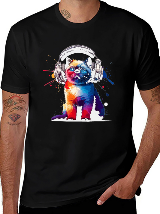 Colorful Cat Headphones Graphic T-Shirt
