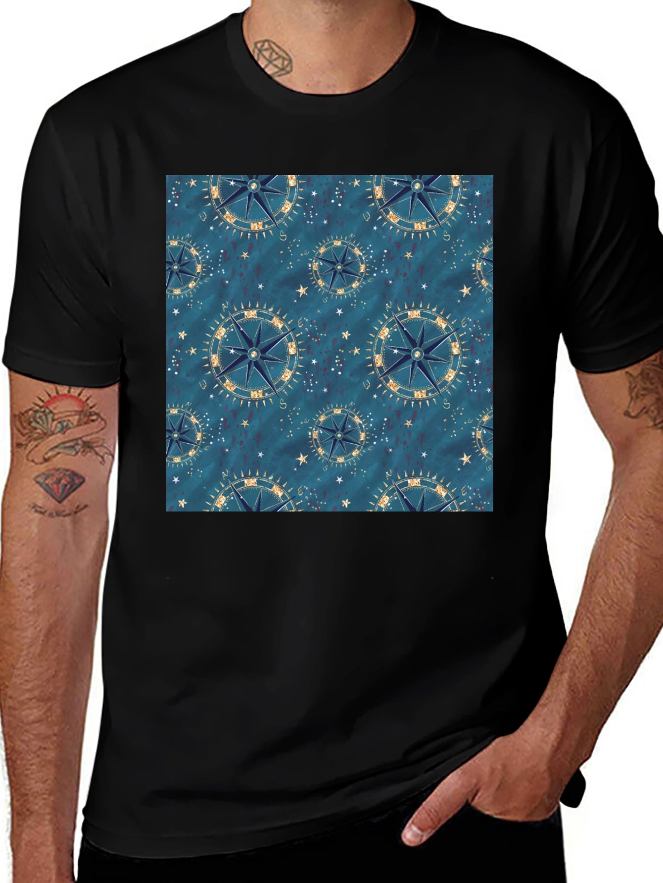 Nautical Compass Pattern Black T-Shirt