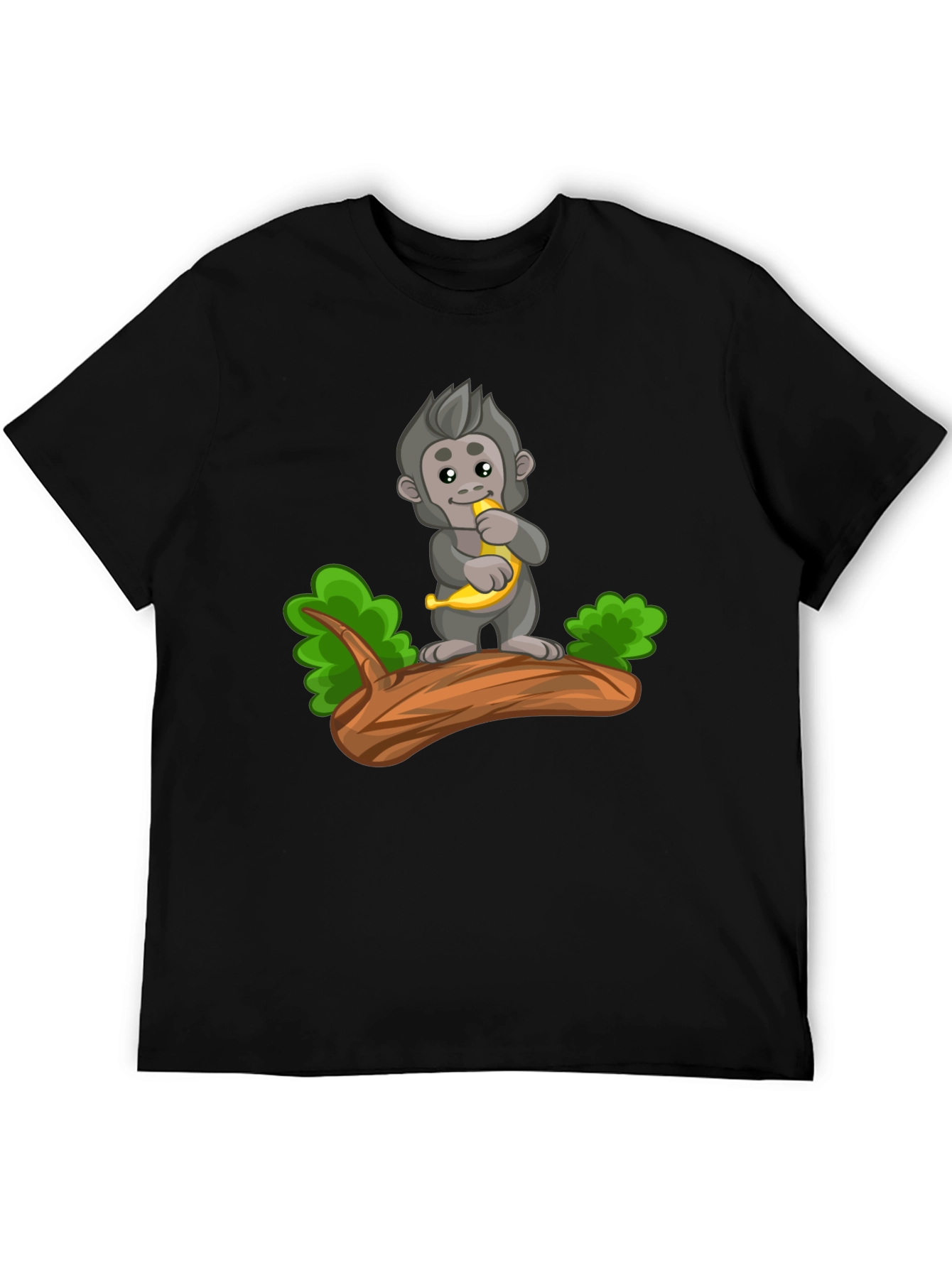 Monkey Banana Cartoon Black T-Shirt