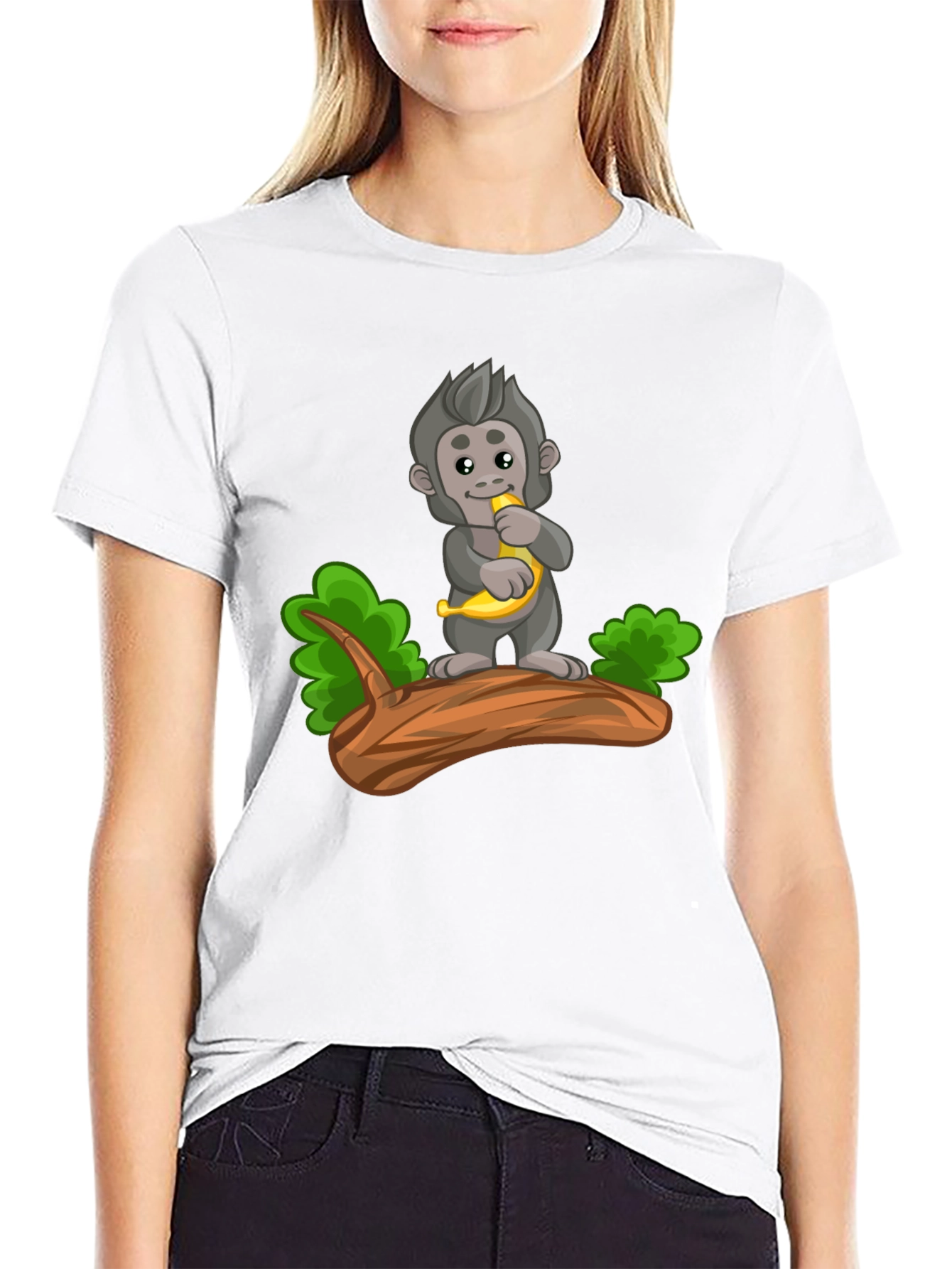 Monkey Banana Cartoon Black T-Shirt