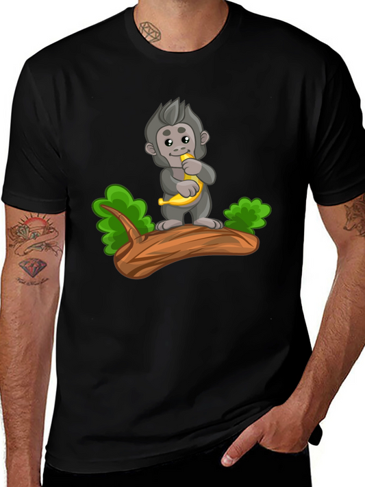 Monkey Banana Cartoon Black T-Shirt