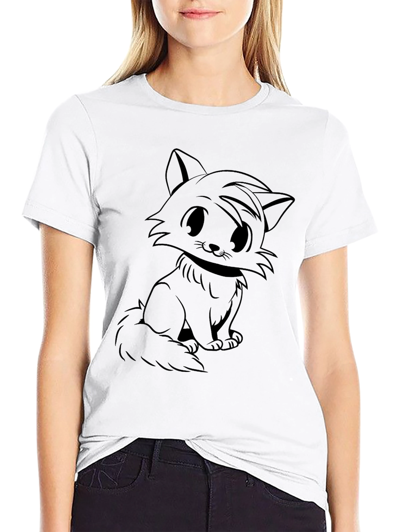 Cute Cartoon Cat Graphic Black T-Shirt