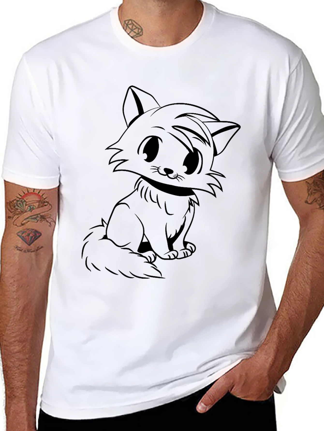 Cute Cartoon Cat Graphic Black T-Shirt