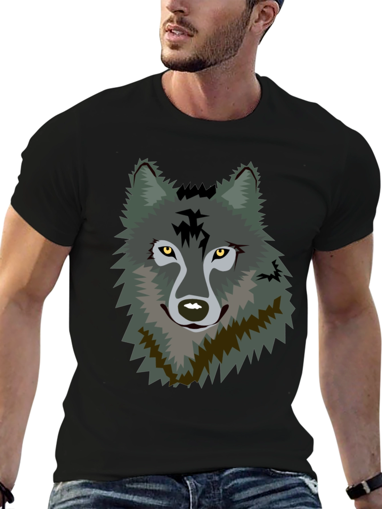 Mens Black T-Shirt with Wolf Graphic