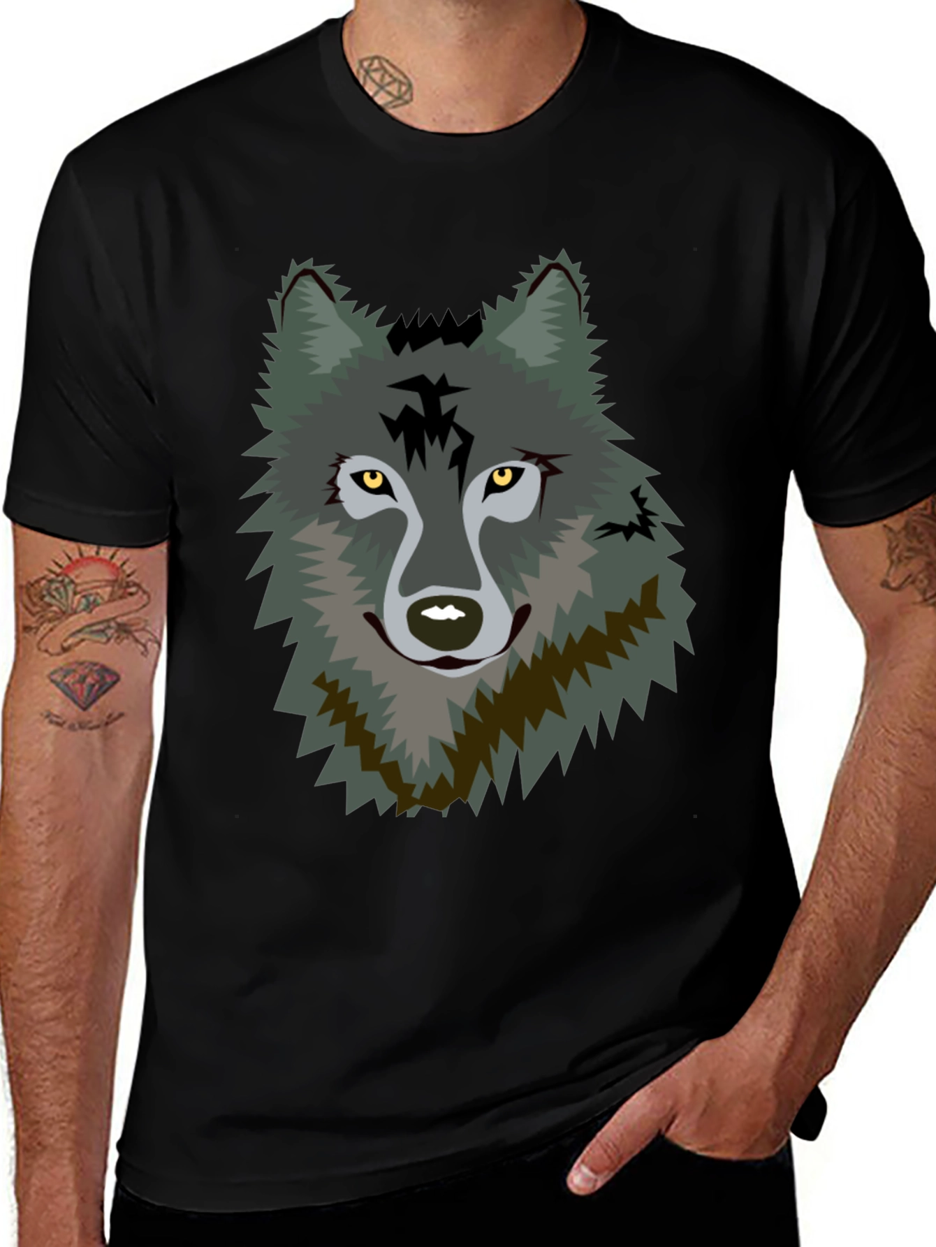 Mens Black T-Shirt with Wolf Graphic