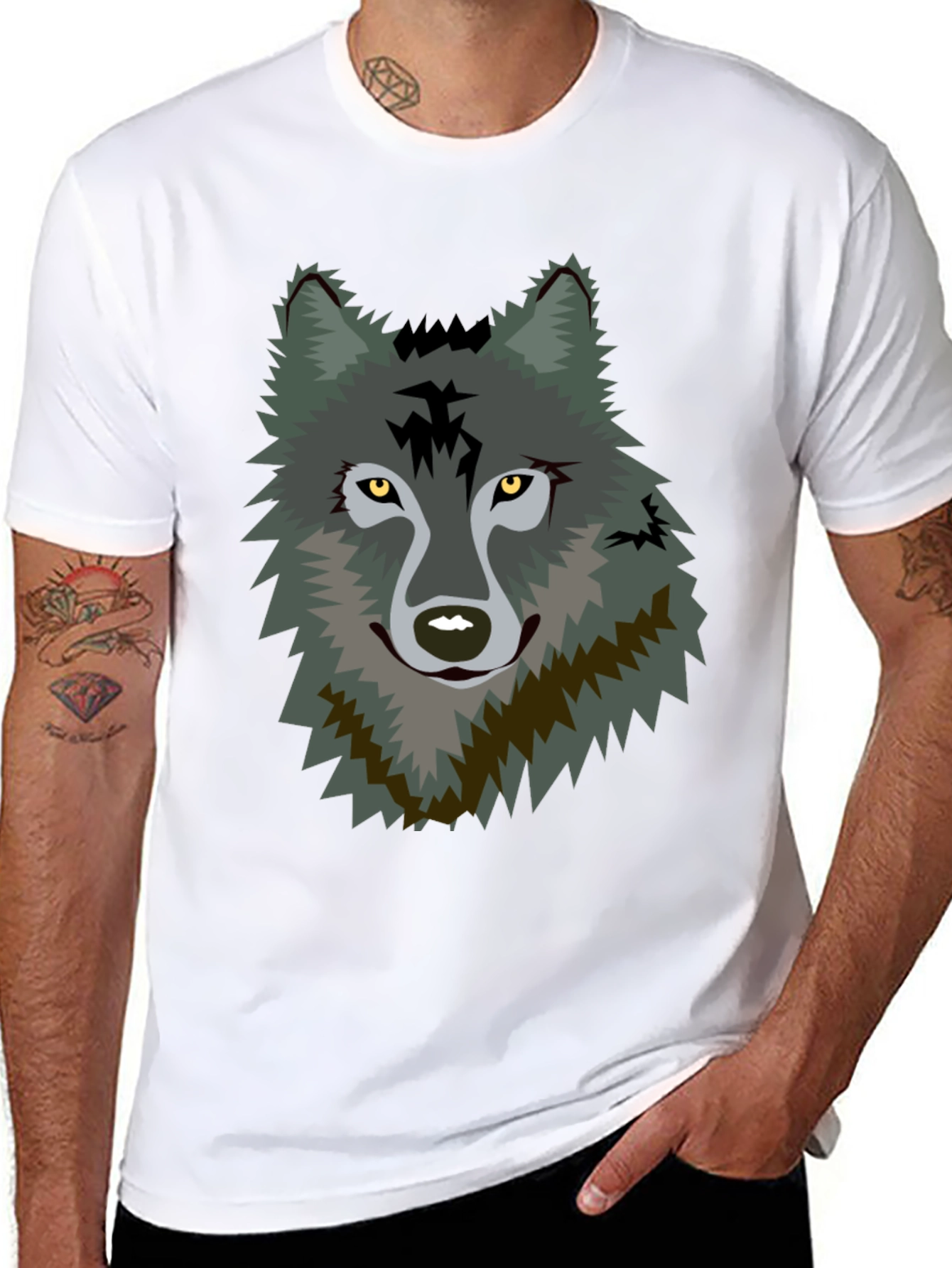 Mens Black T-Shirt with Wolf Graphic