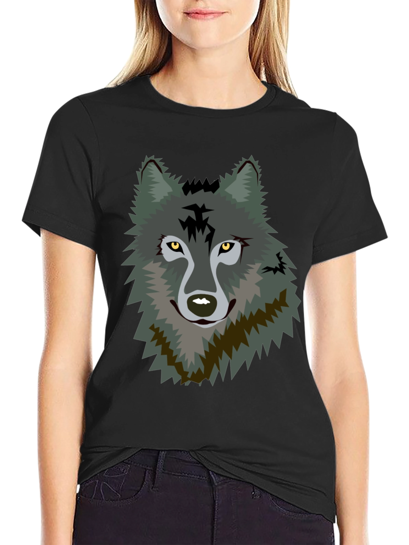 Mens Black T-Shirt with Wolf Graphic