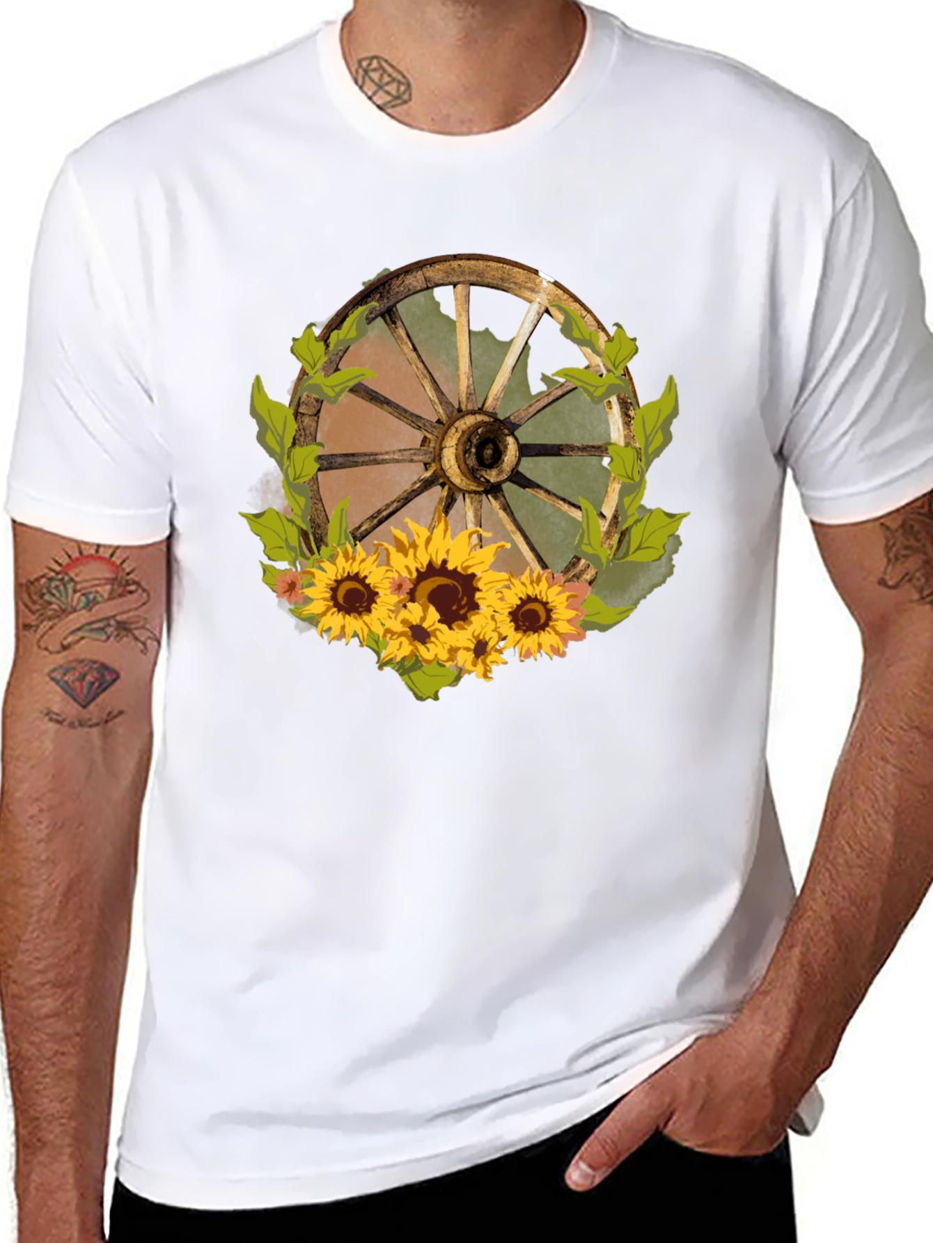 Rustic Wheel & Sunflower Graphic Tee - Black