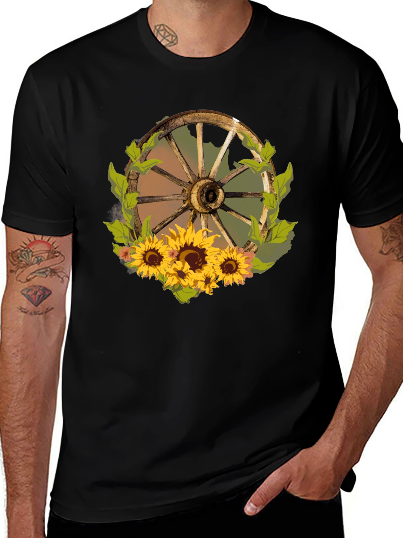 Rustic Wheel & Sunflower Graphic Tee - Black