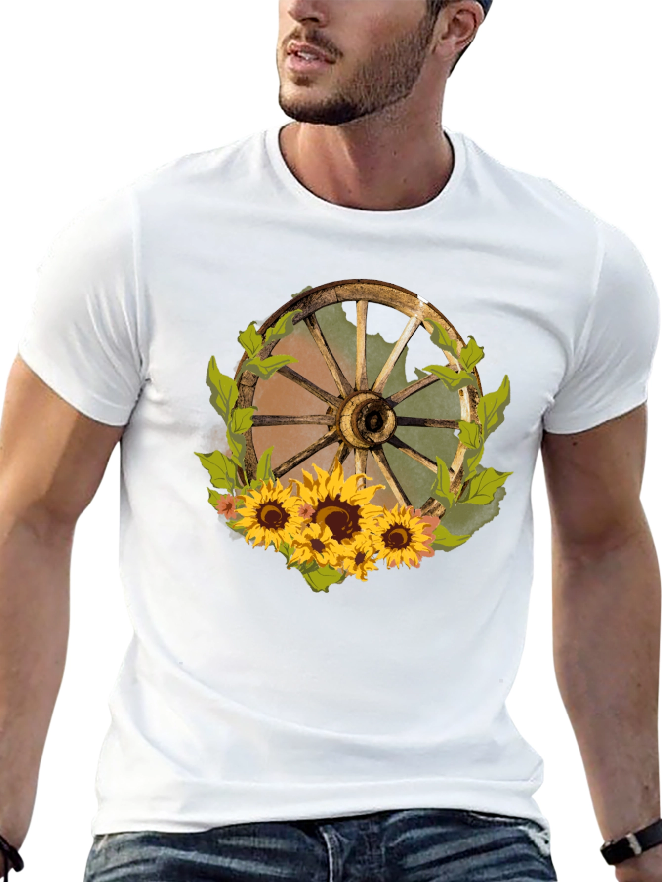 Rustic Wheel & Sunflower Graphic Tee - Black