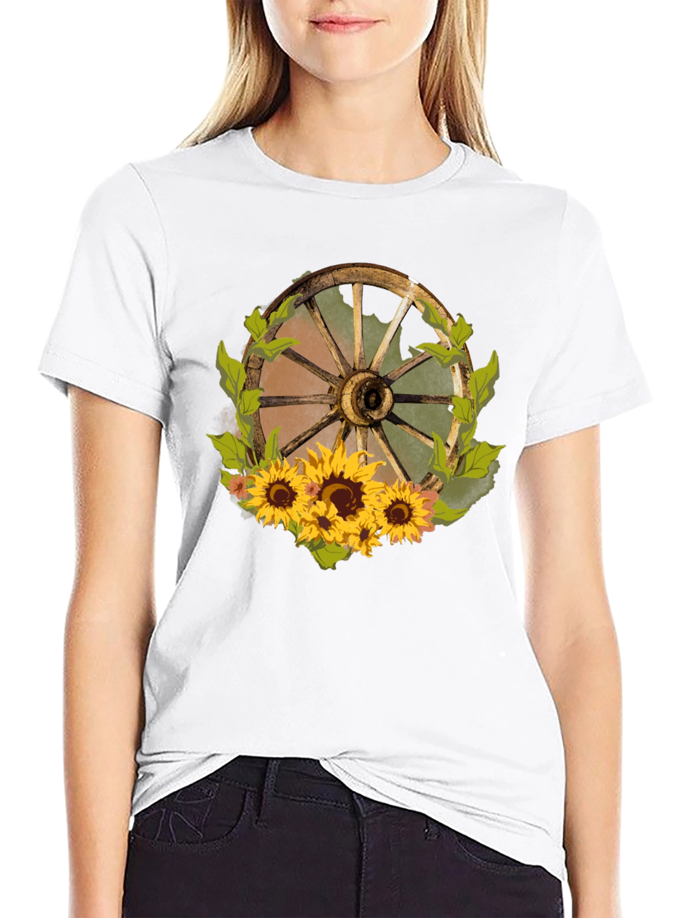 Rustic Wheel & Sunflower Graphic Tee - Black