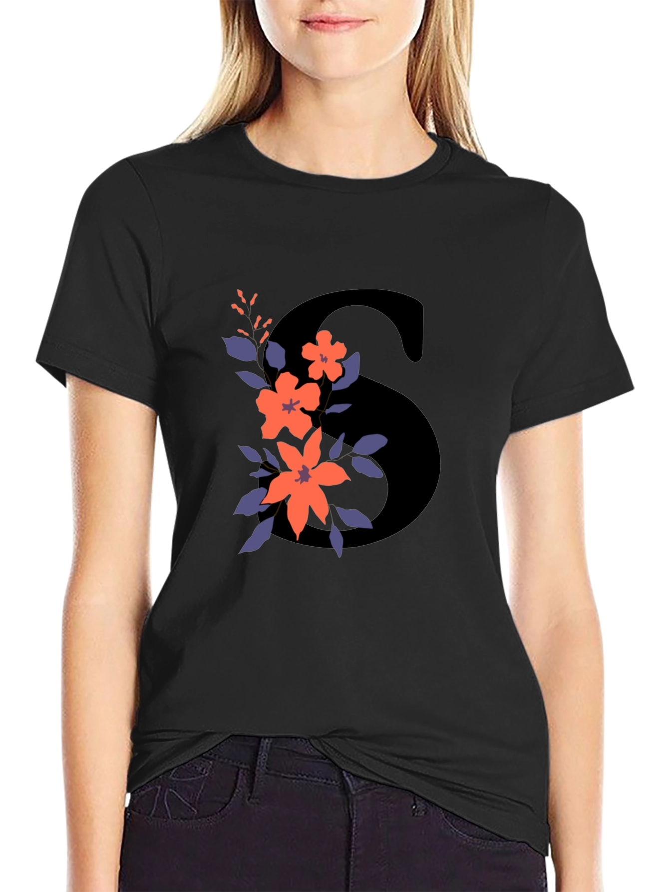 Floral Initial S Graphic Tee - Black