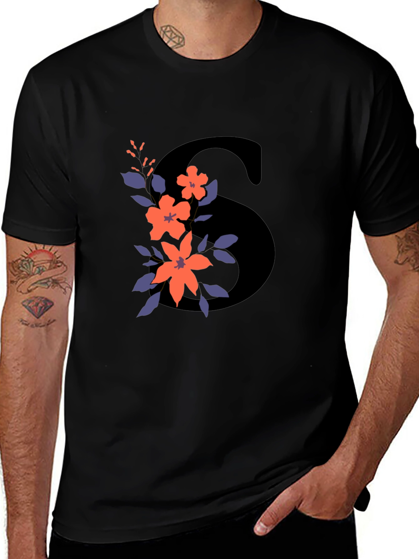 Floral Initial S Graphic Tee - Black