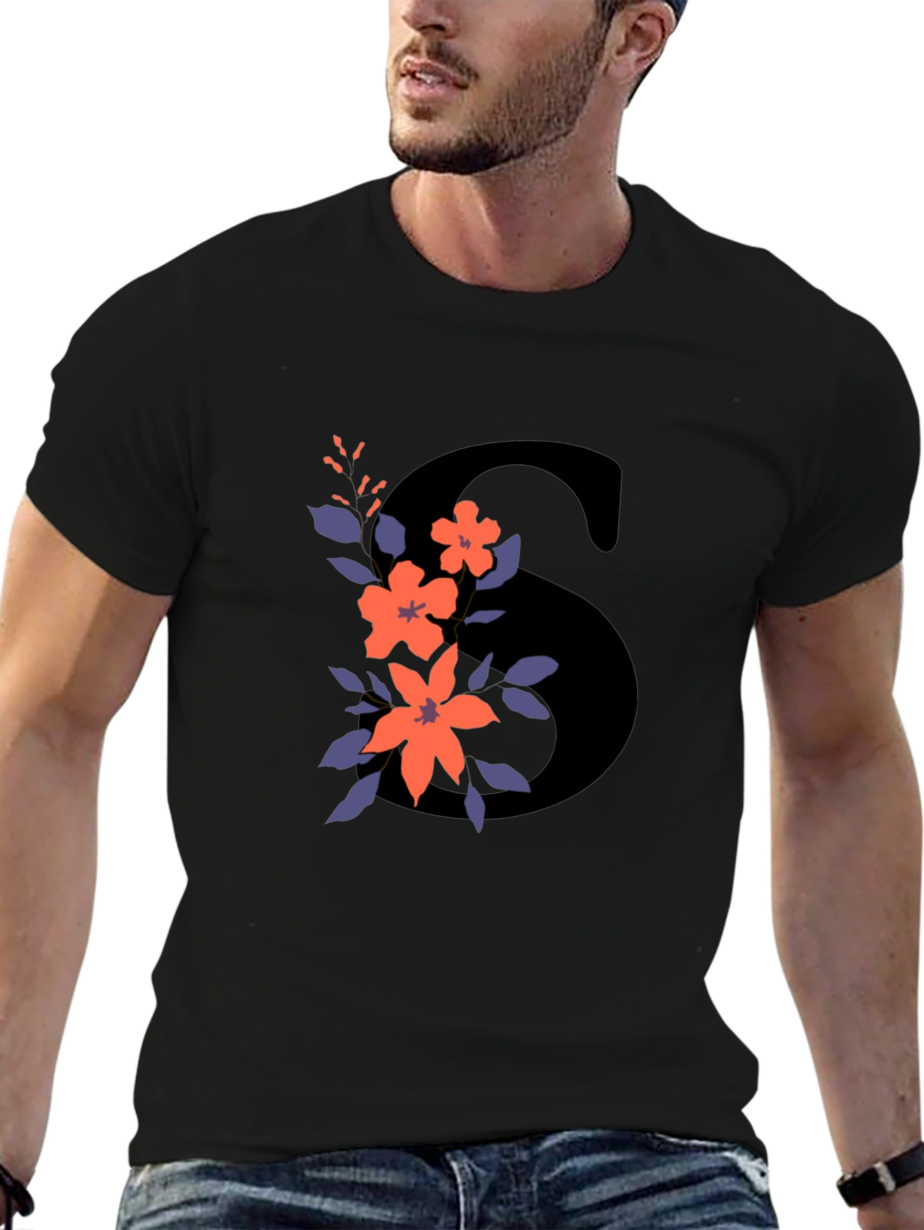 Floral Initial S Graphic Tee - Black