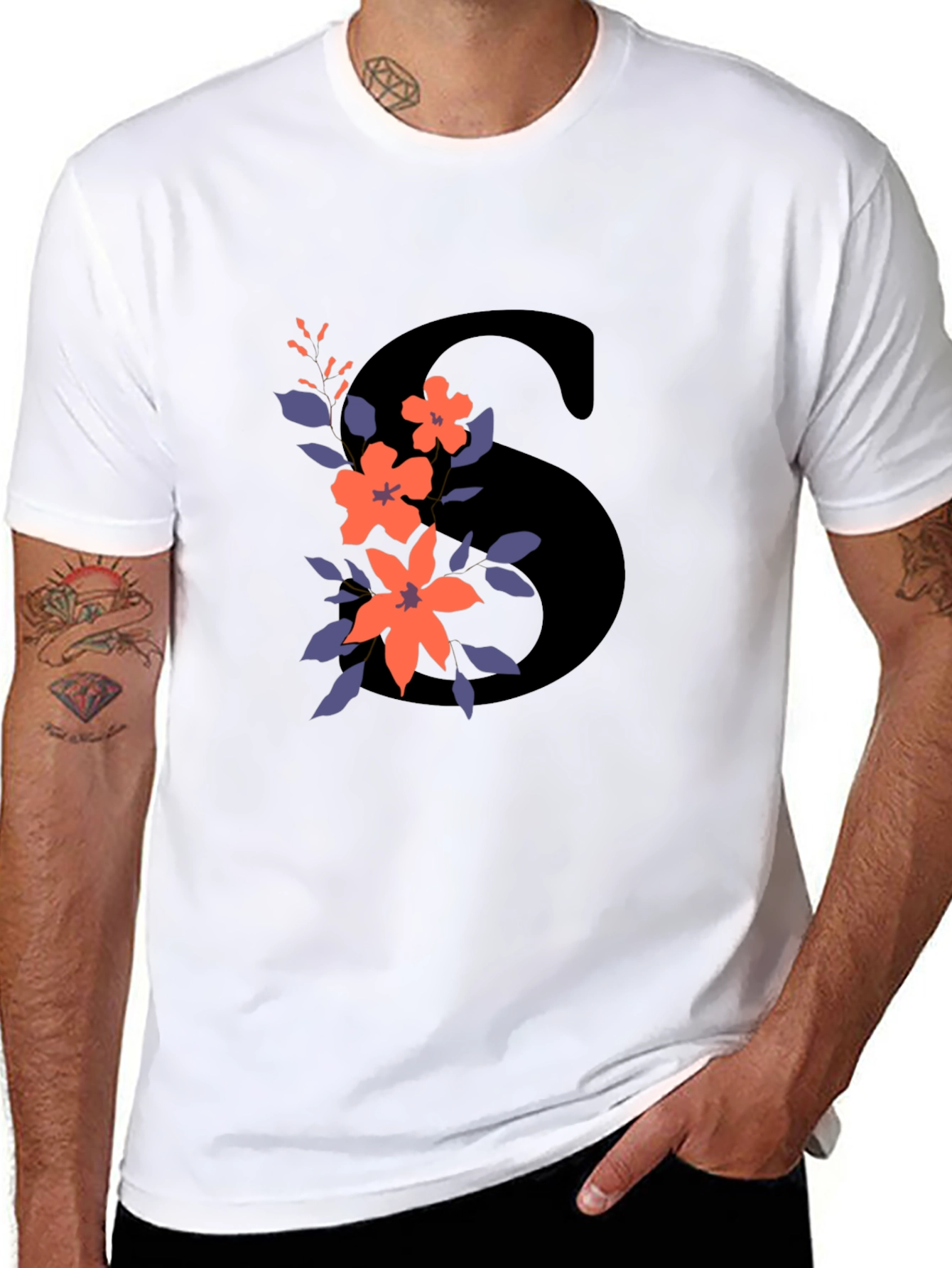 Floral Initial S Graphic Tee - Black