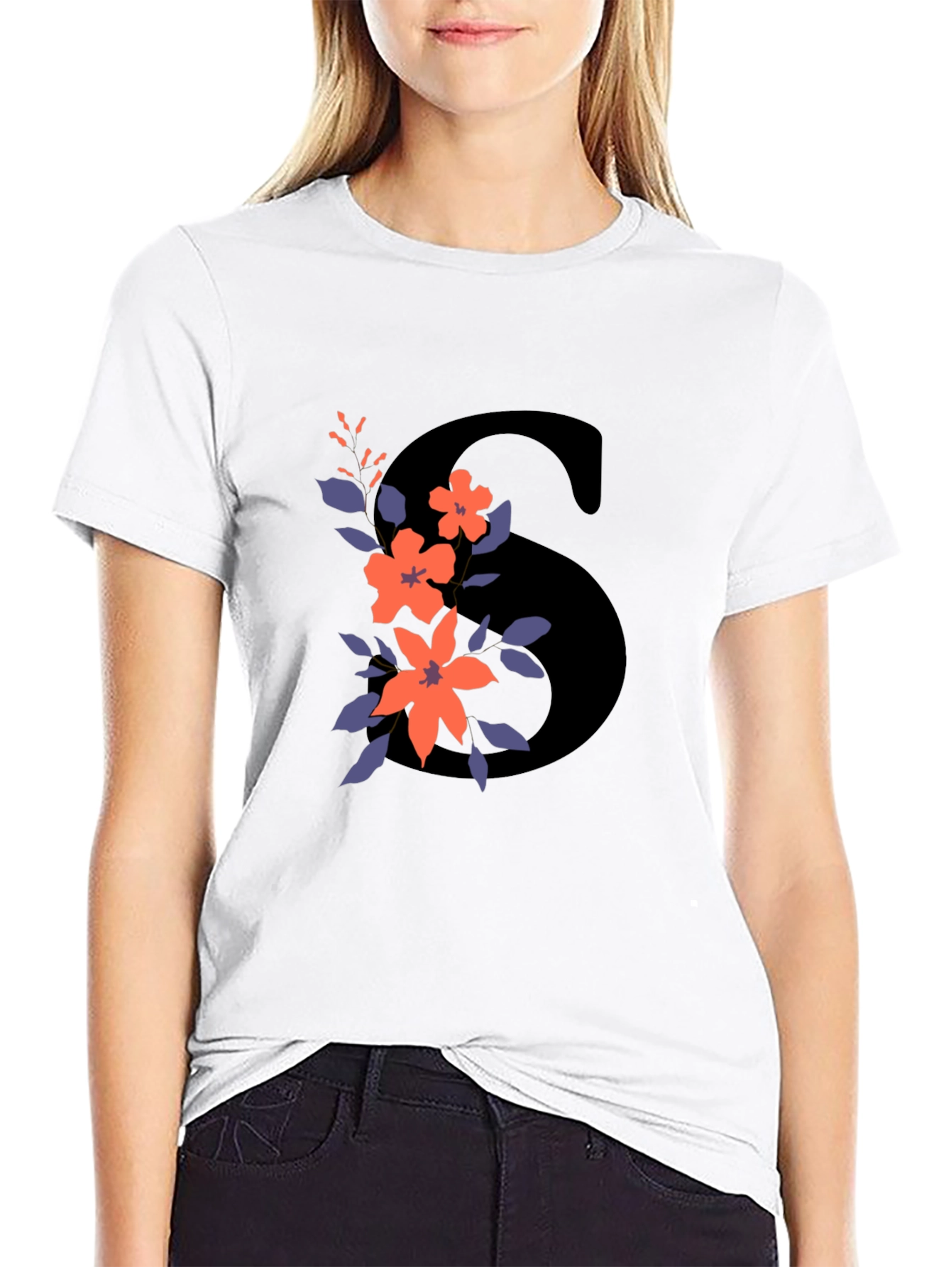 Floral Initial S Graphic Tee - Black