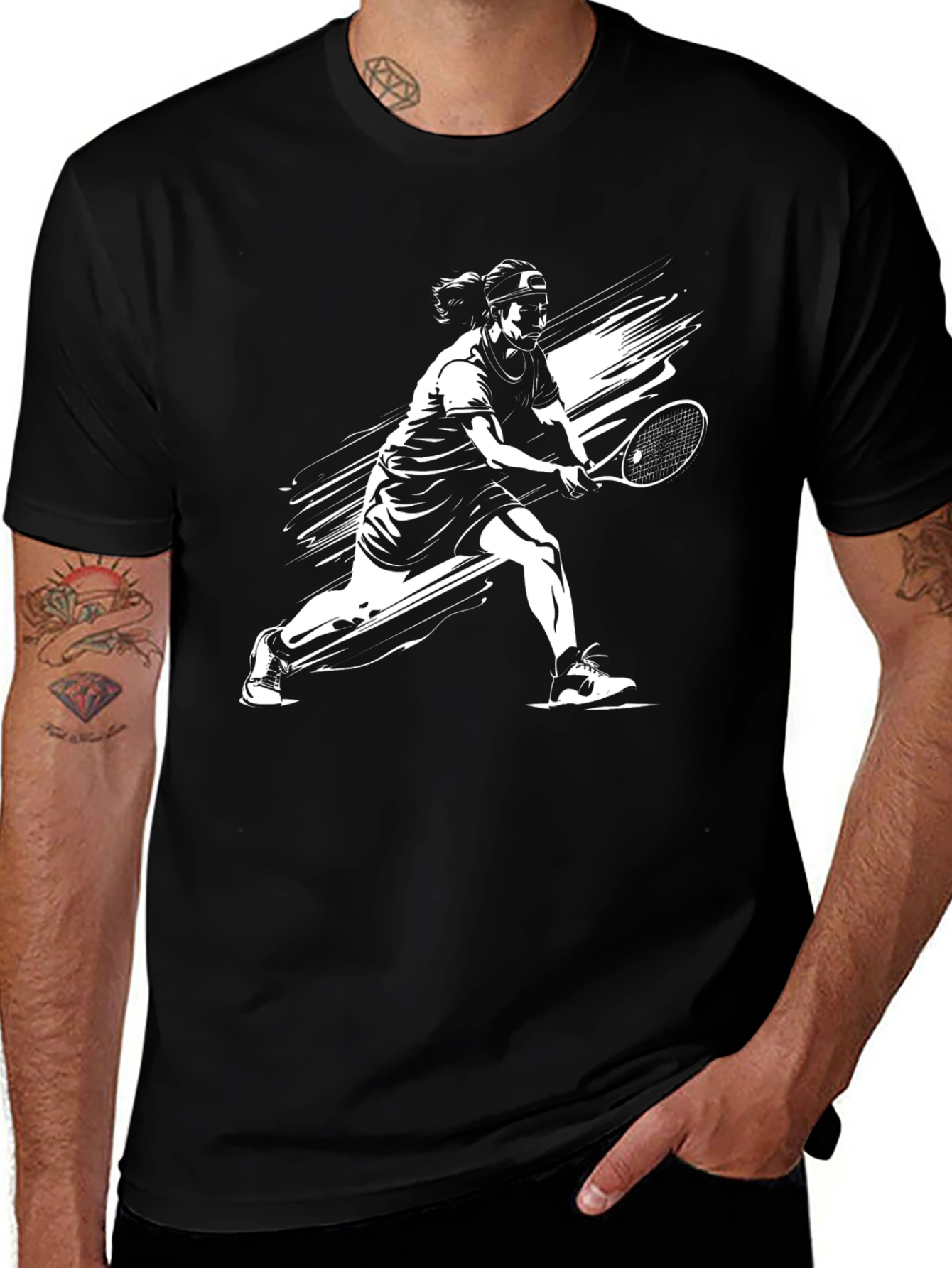 Tennis Player Graphic Tee - Black Cotton T-Shirt