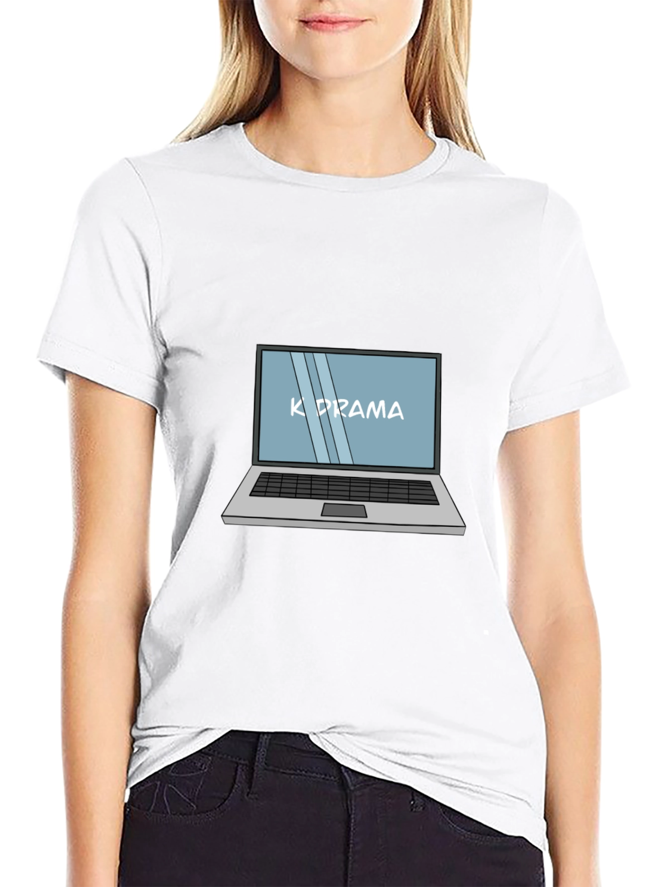 K-Drama Laptop Graphic Tee - Black Cotton Casual T-Shirt