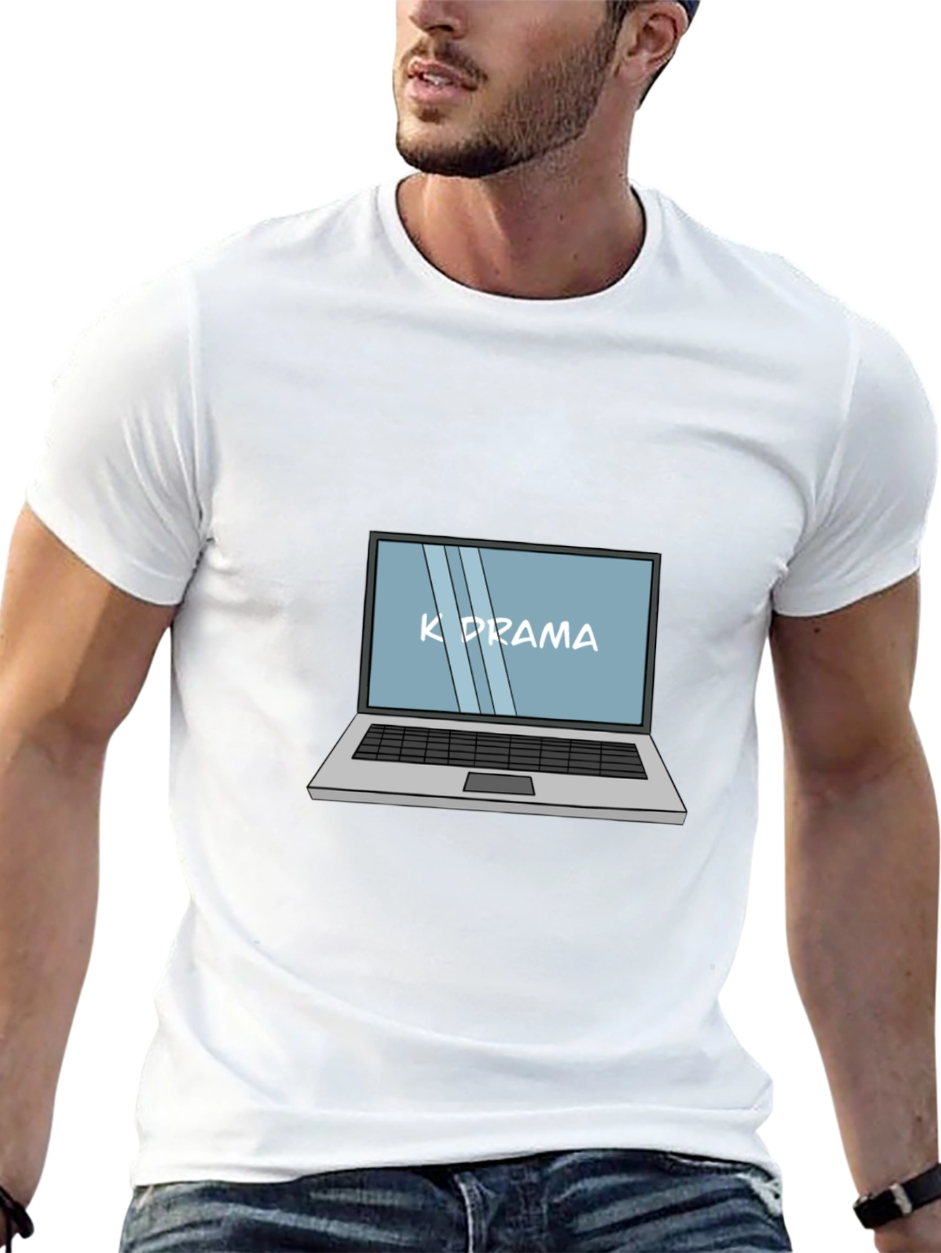 K-Drama Laptop Graphic Tee - Black Cotton Casual T-Shirt