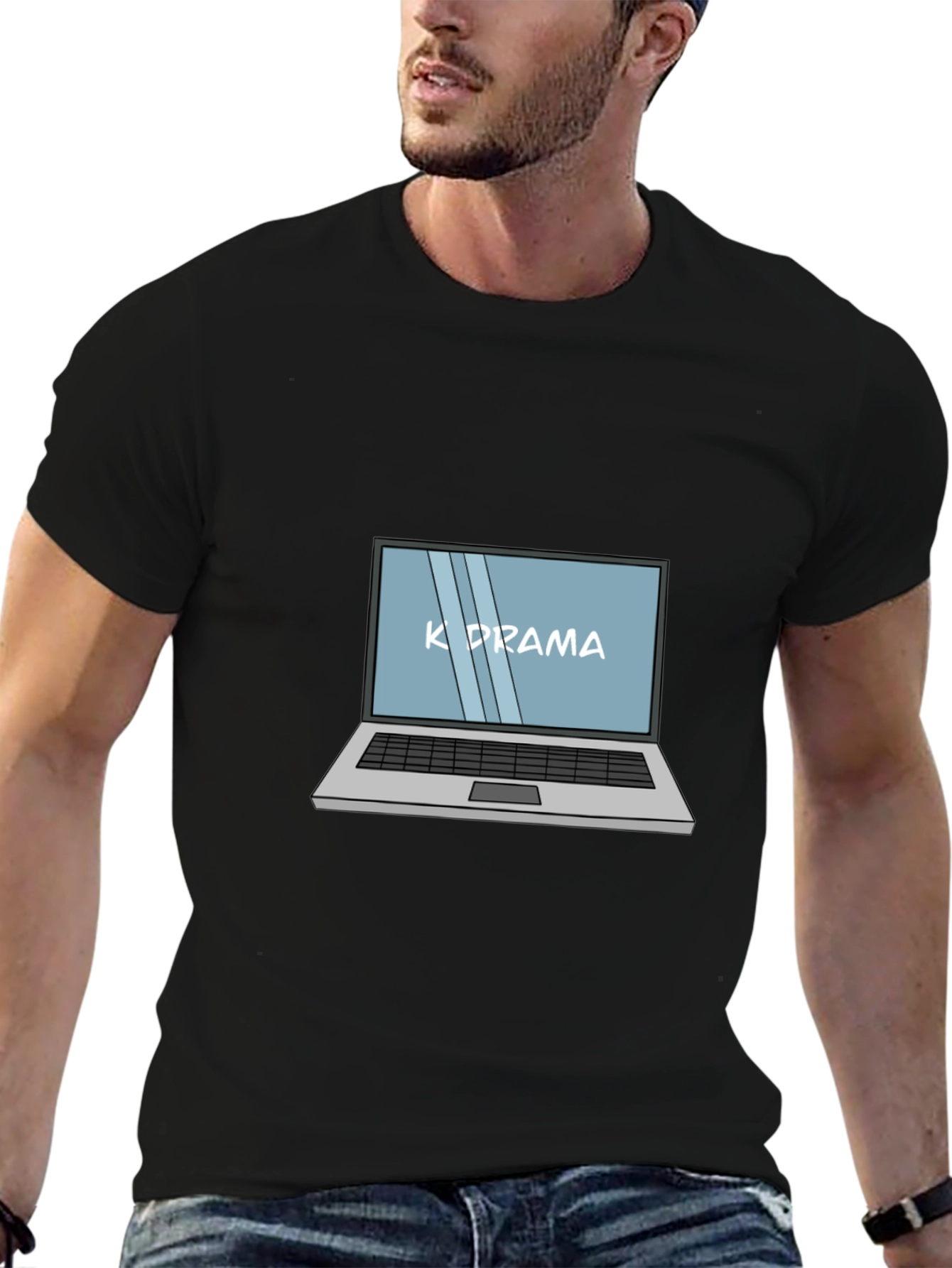 K-Drama Laptop Graphic Tee - Black Cotton Casual T-Shirt