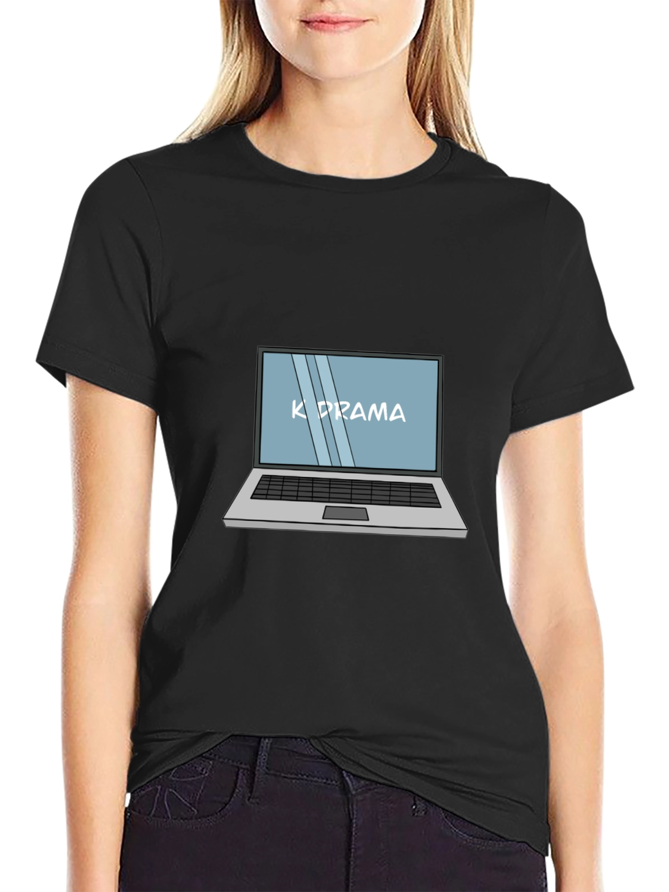K-Drama Laptop Graphic Tee - Black Cotton Casual T-Shirt