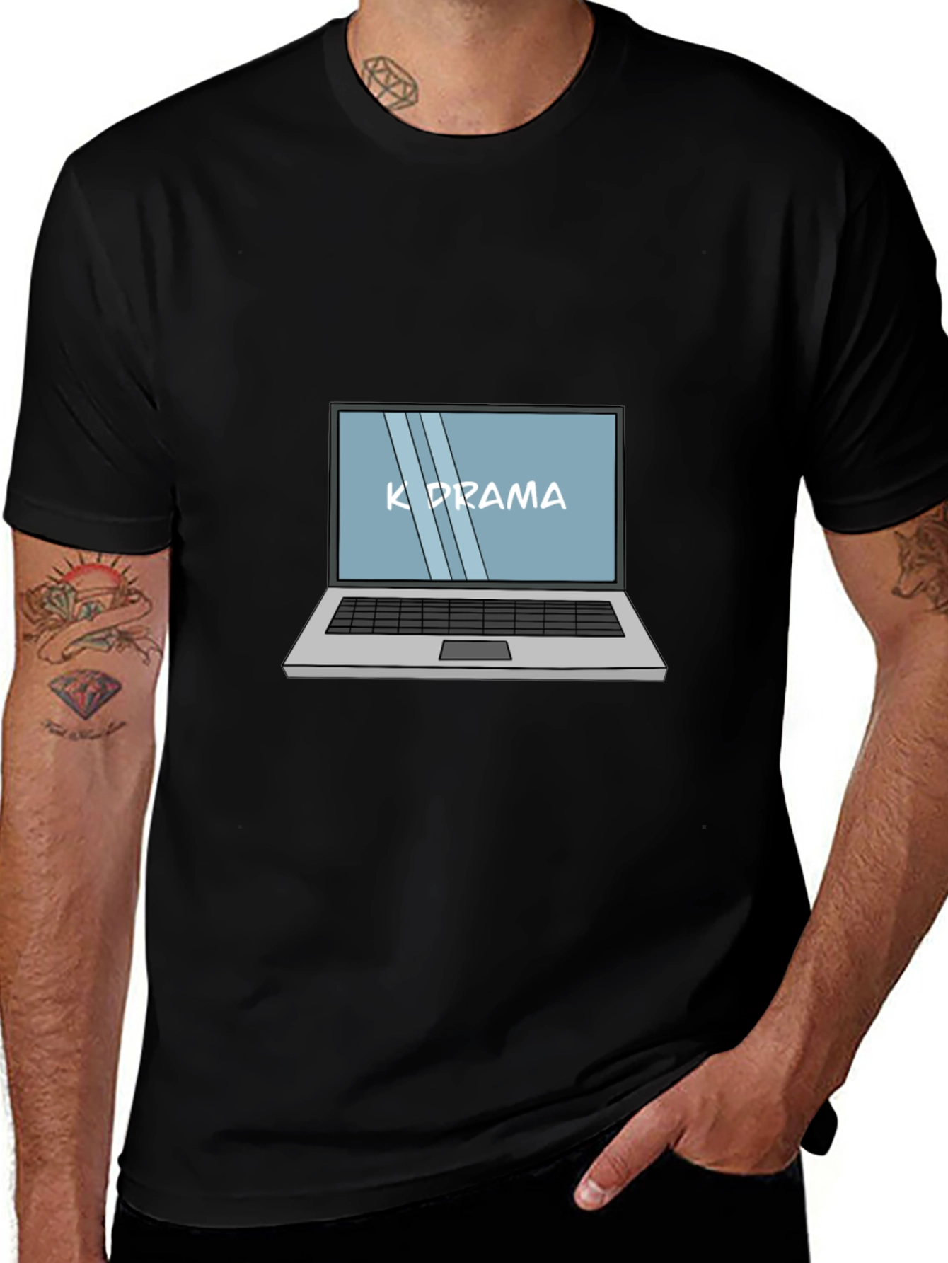 K-Drama Laptop Graphic Tee - Black Cotton Casual T-Shirt