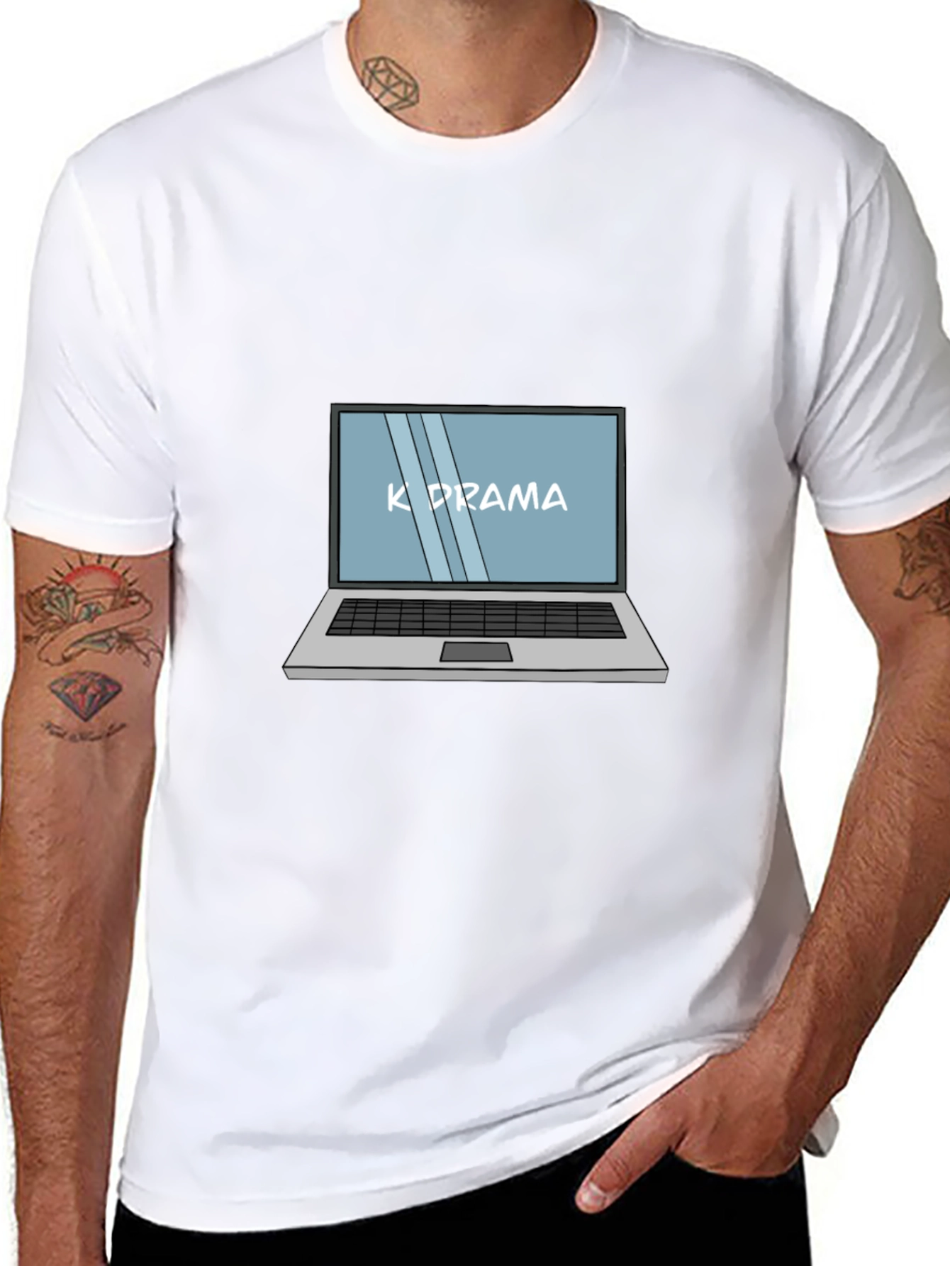 K-Drama Laptop Graphic Tee - Black Cotton Casual T-Shirt