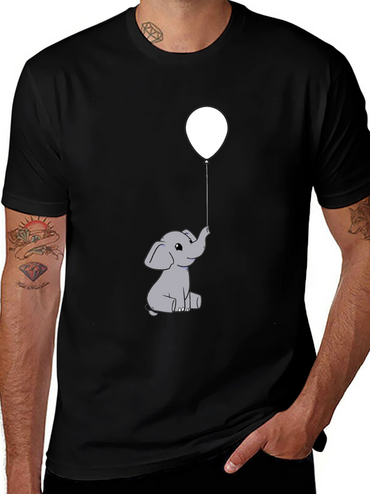 Cute Elephant Holding Balloon Graphic Tee - Black Cotton Blend
