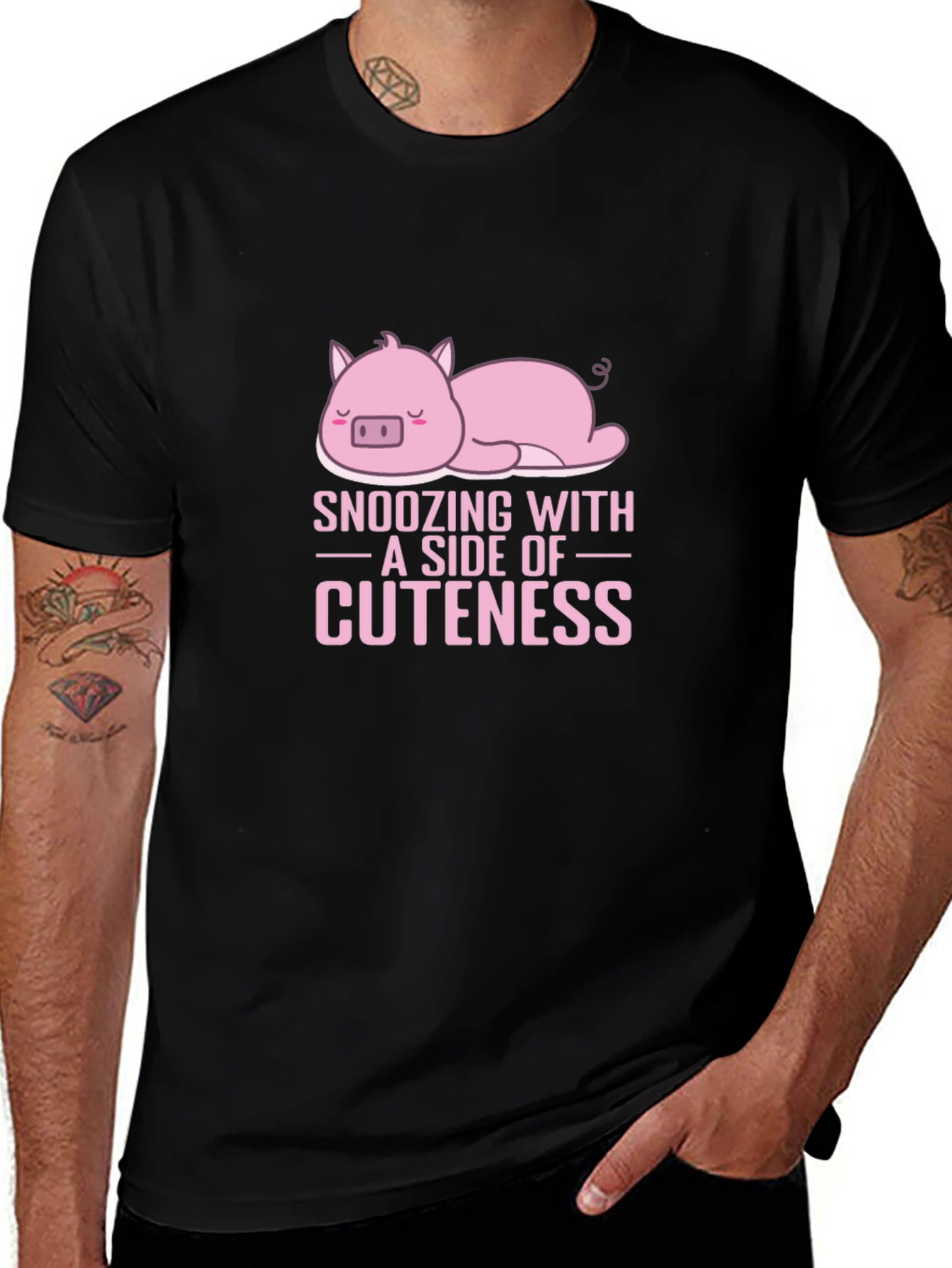 Snoozing with Cuteness Pig Graphic Tee - Black Cotton