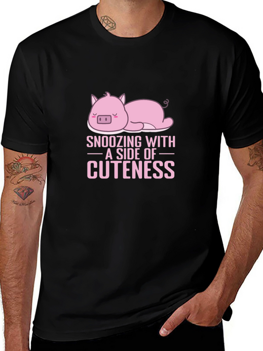 Snoozing with Cuteness Pig Graphic Tee - Black Cotton