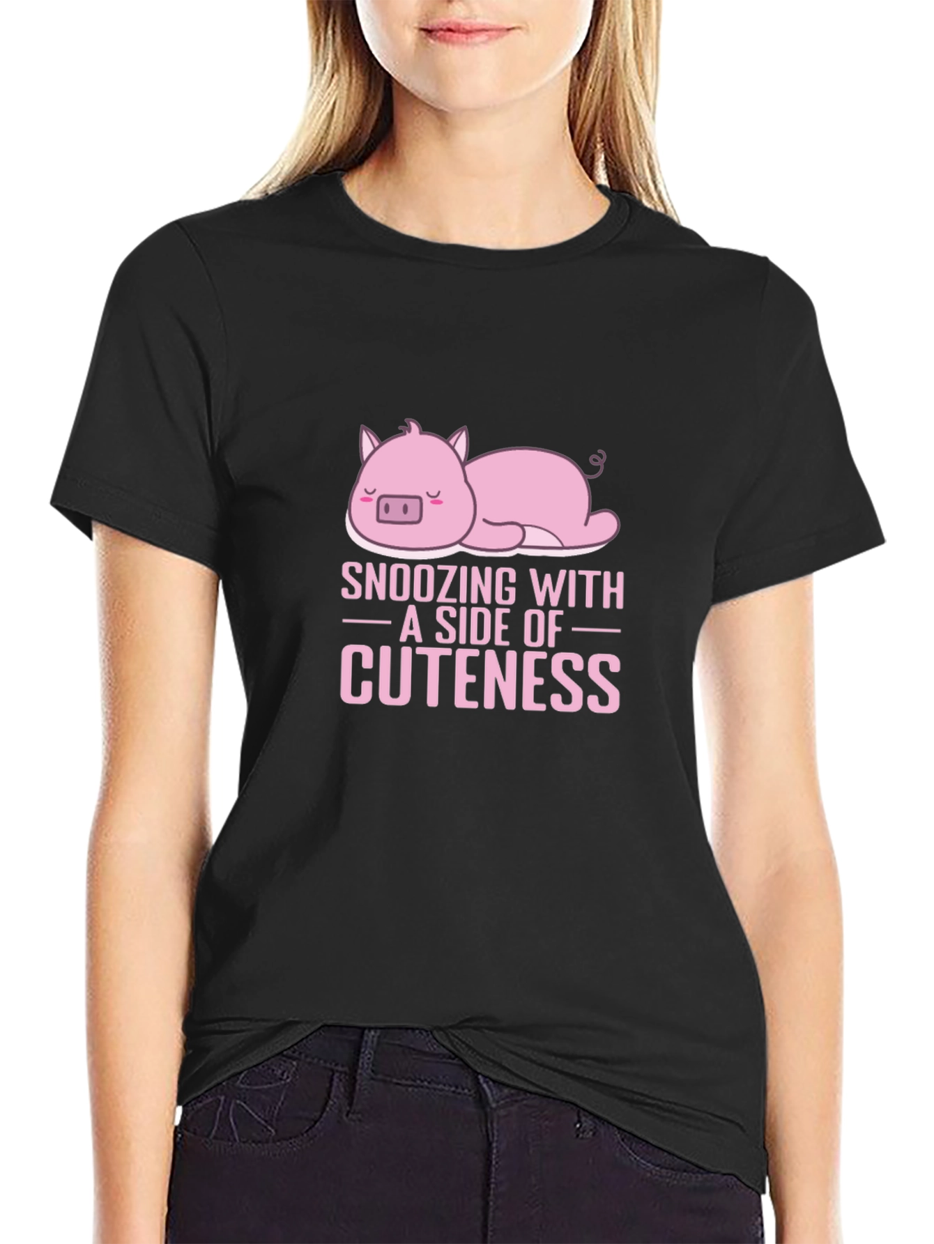 Snoozing with Cuteness Pig Graphic Tee - Black Cotton
