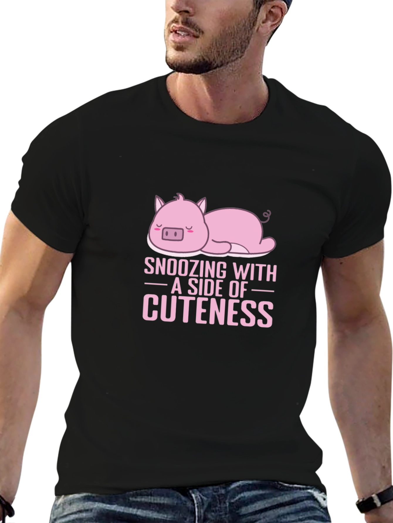 Snoozing with Cuteness Pig Graphic Tee - Black Cotton