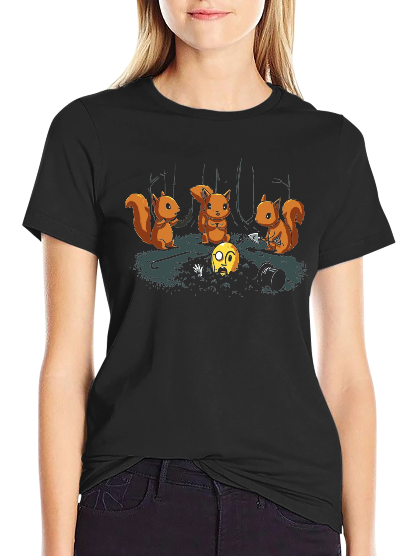 Squirrel Burial T-Shirt - Black Crew Neck Graphic Tee
