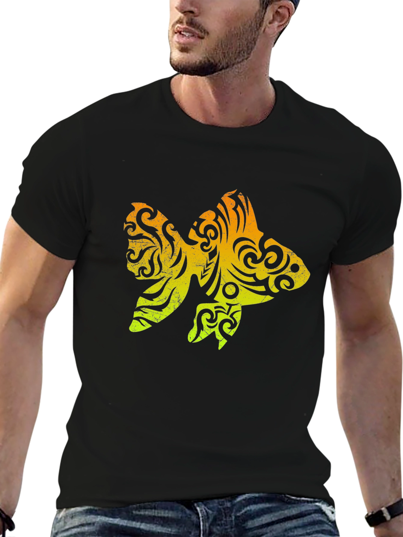 Tribal Goldfish Graphic Tee - Stylish Mens Black T-Shirt