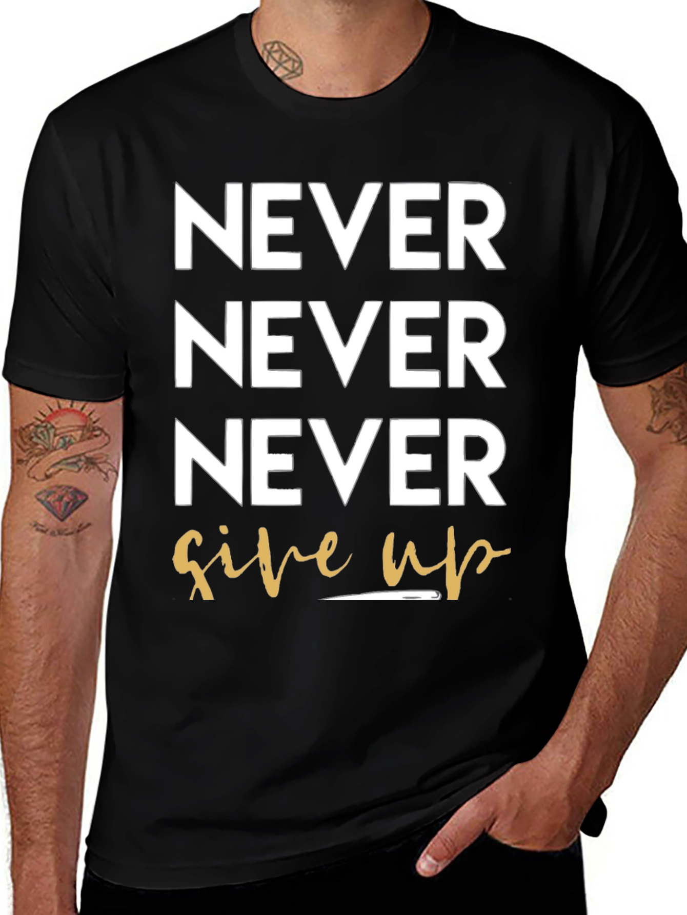 Never Give Up Black Graphic Tee