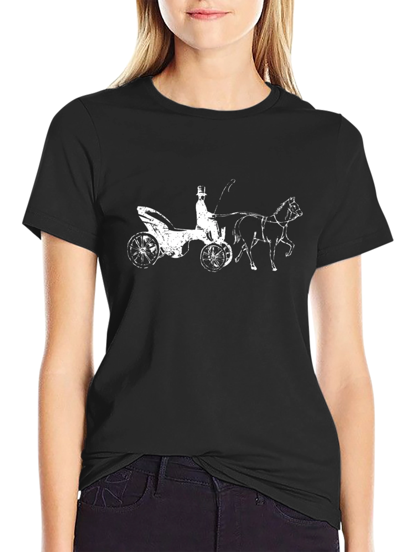 Black T-Shirt with Horse Drawn Carriage Print