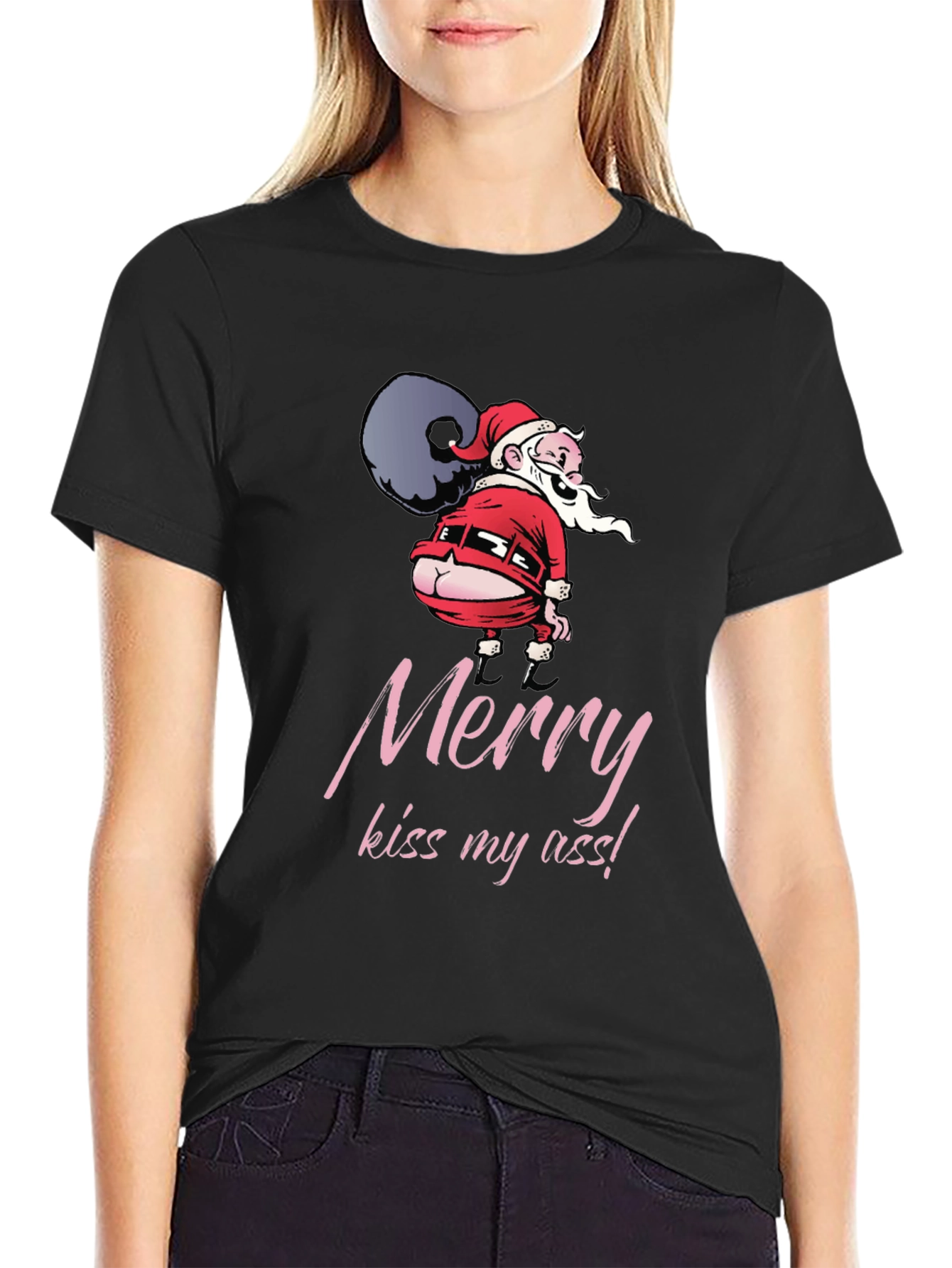 Funny Santa Merry Kiss My Ass Black T-Shirt