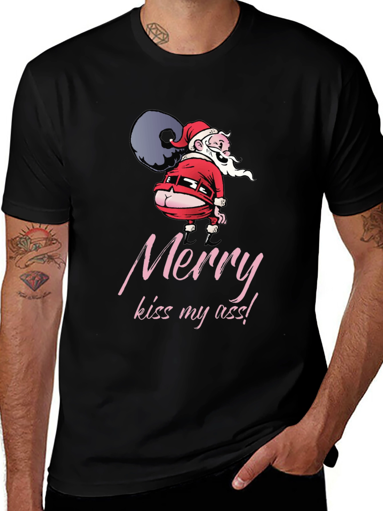 Funny Santa Merry Kiss My Ass Black T-Shirt