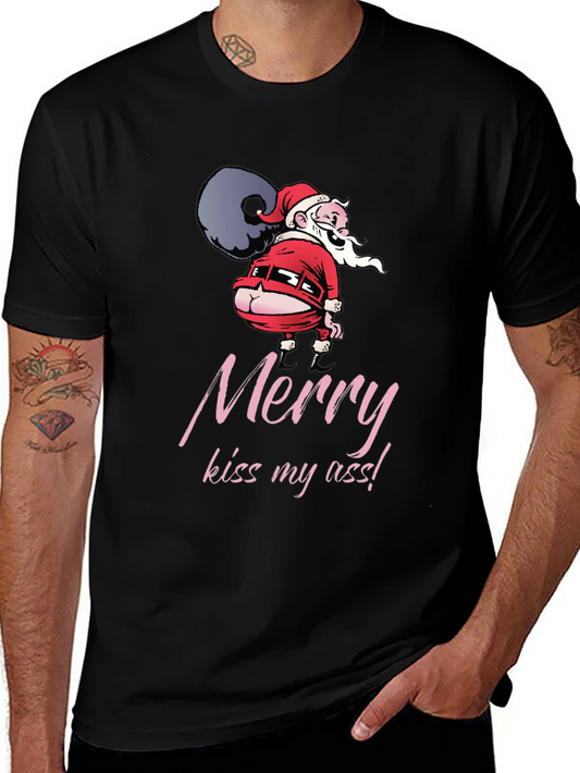 Funny Santa Merry Kiss My Ass Black T-Shirt