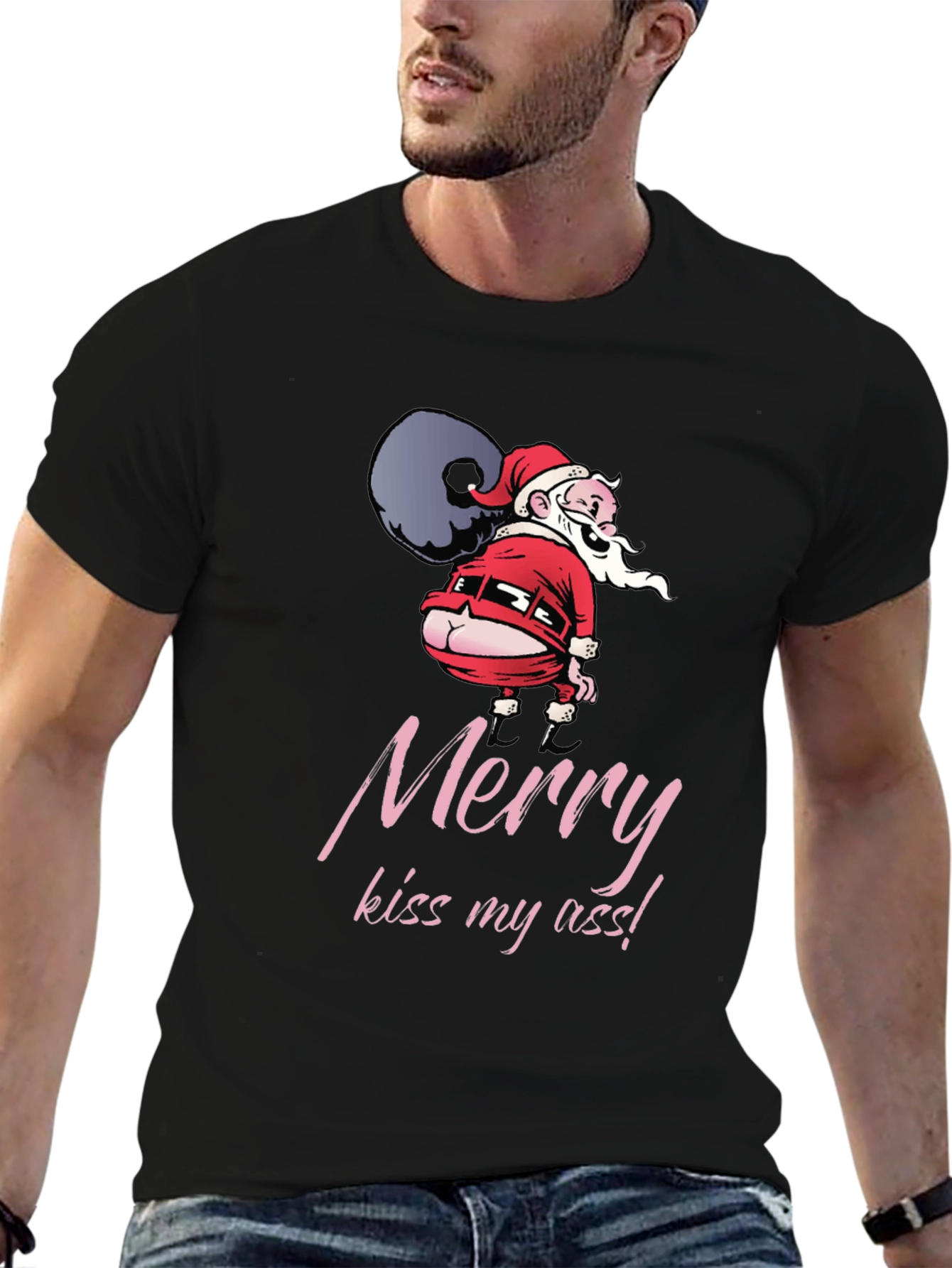 Funny Santa Merry Kiss My Ass Black T-Shirt
