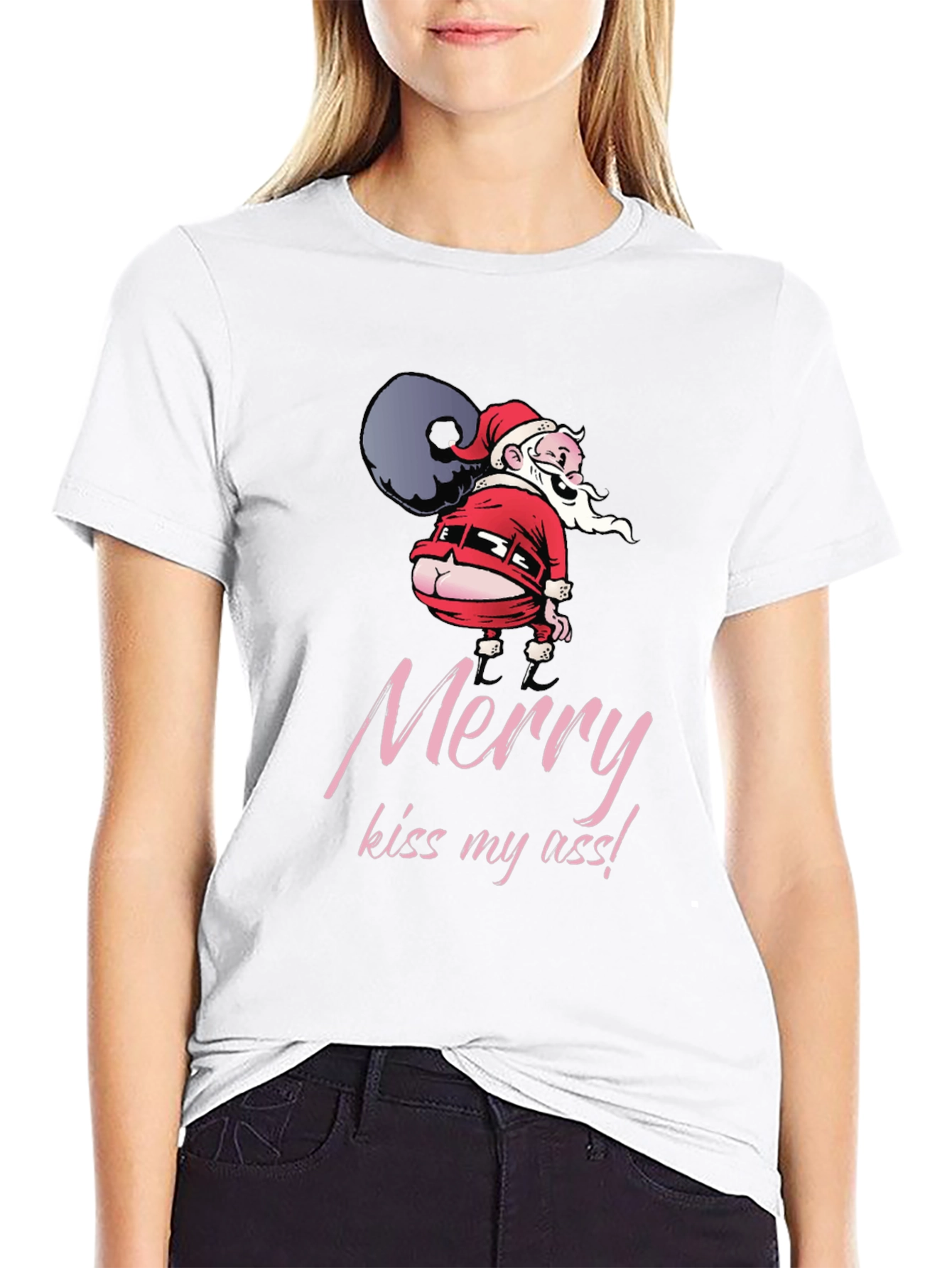 Funny Santa Merry Kiss My Ass Black T-Shirt