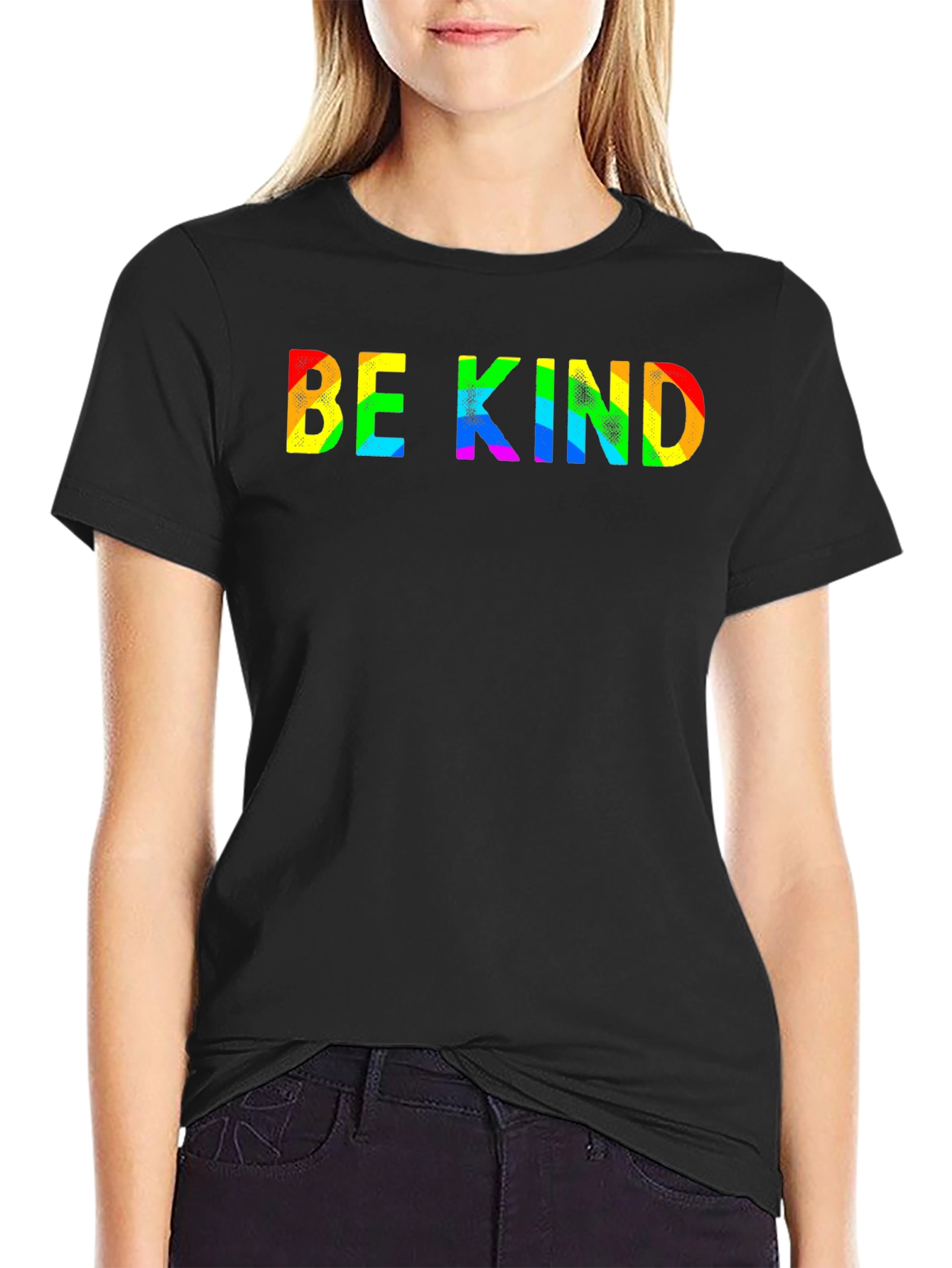 Be Kind Rainbow Text Black T-Shirt
