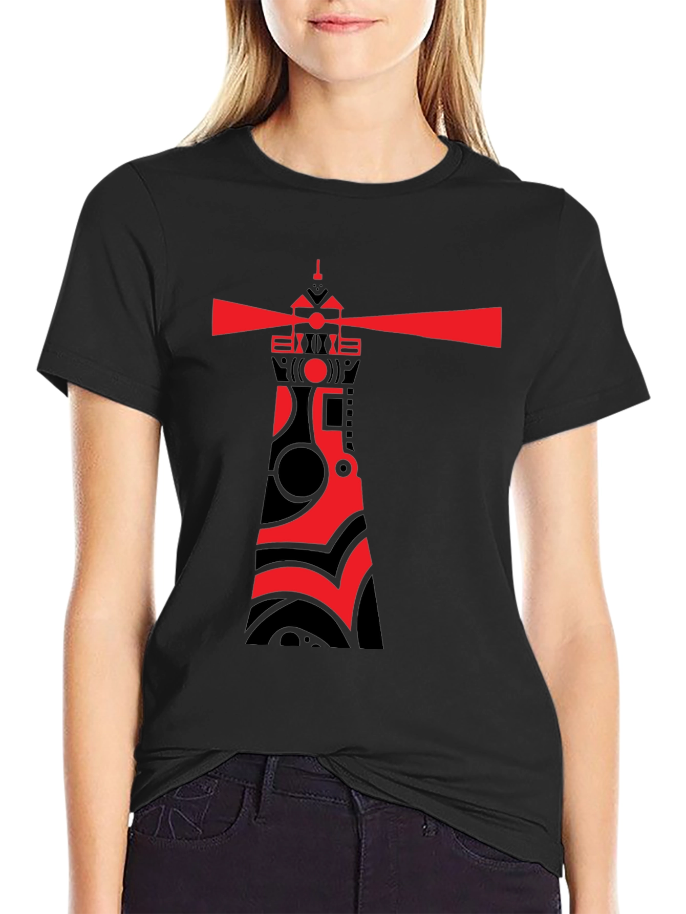 Red Lighthouse Graphic Tee - Stylish Black Cotton T-Shirt