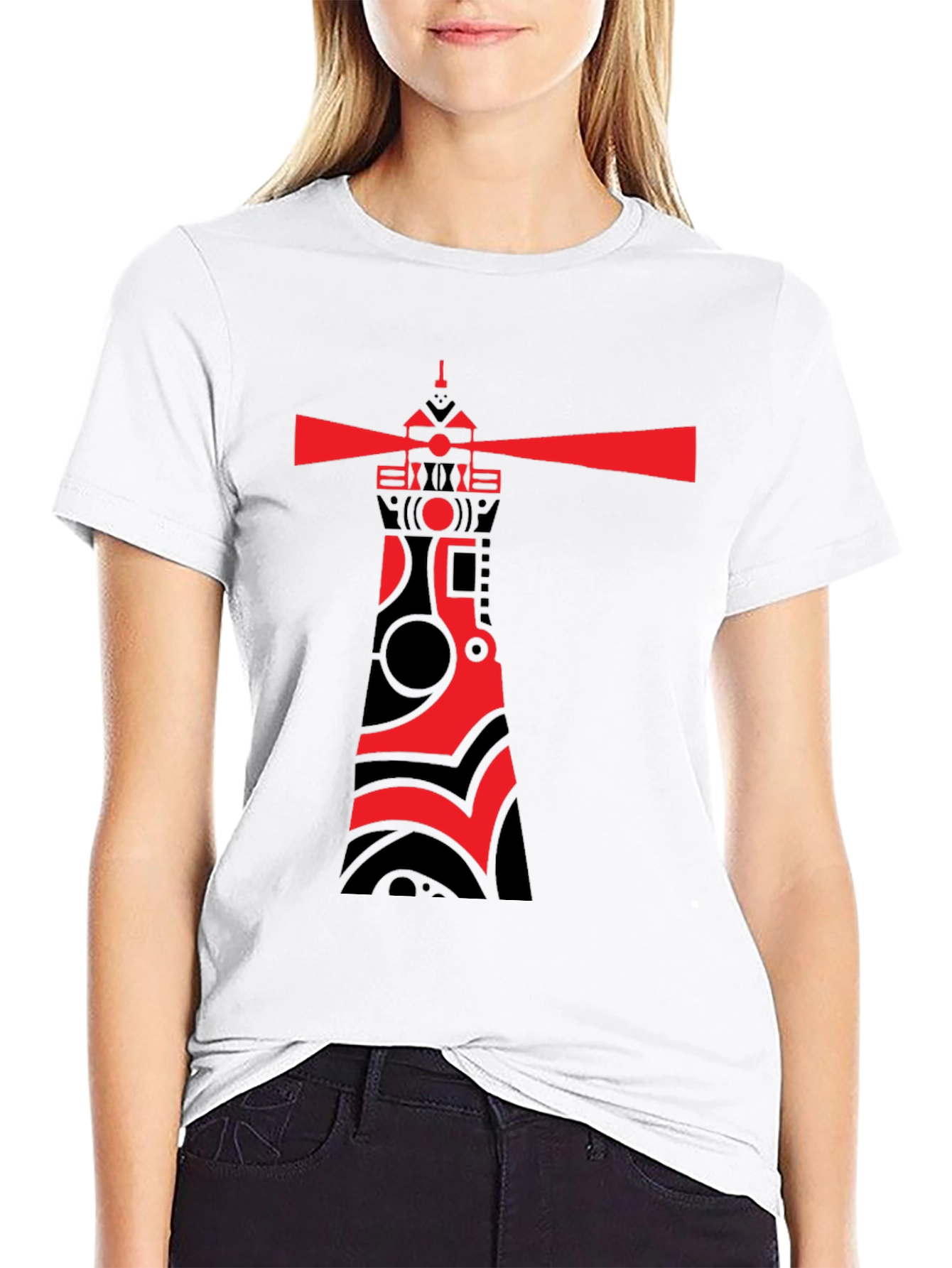 Red Lighthouse Graphic Tee - Stylish Black Cotton T-Shirt