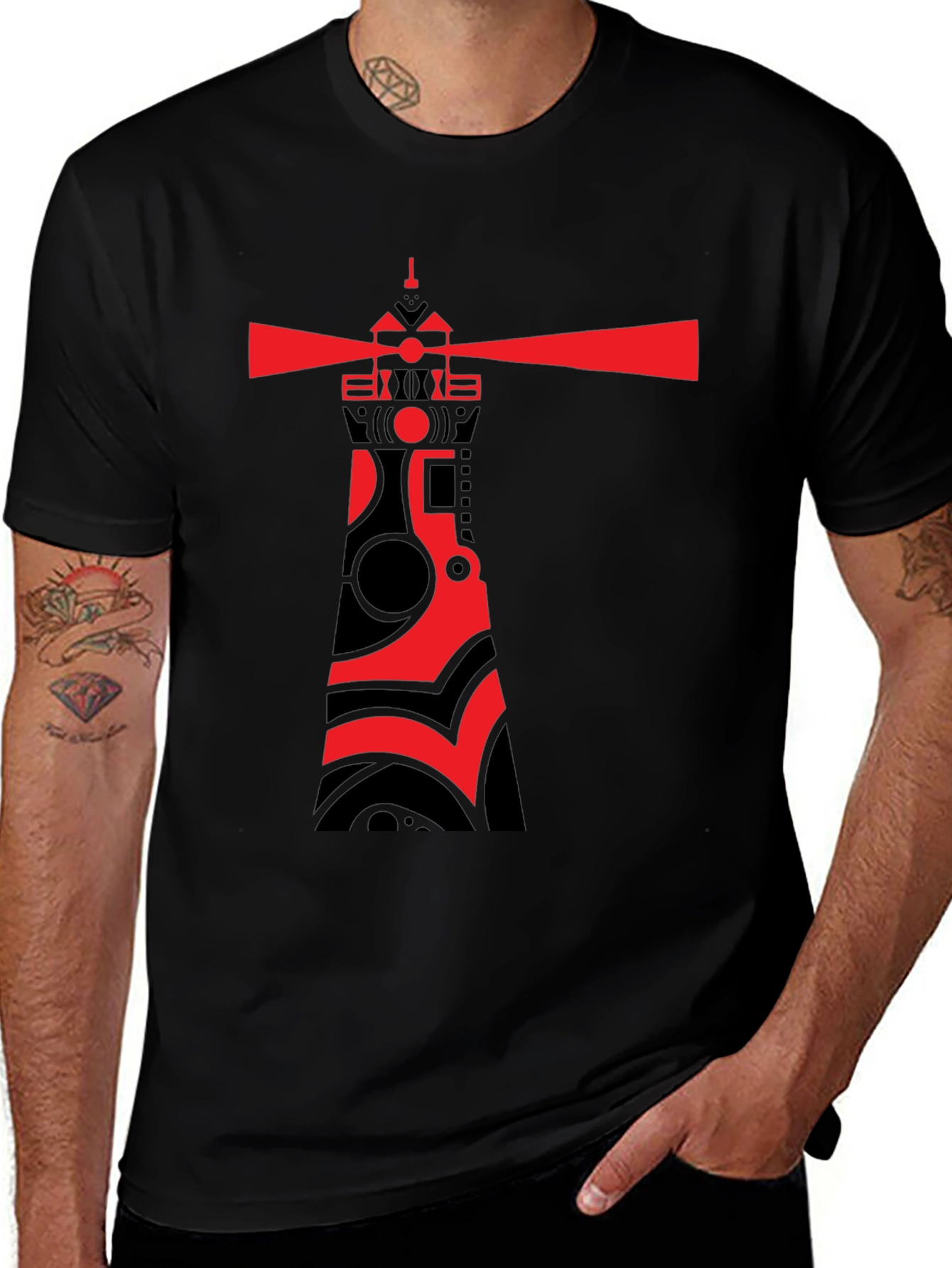 Red Lighthouse Graphic Tee - Stylish Black Cotton T-Shirt