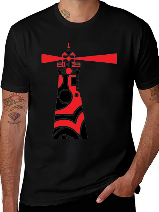 Red Lighthouse Graphic Tee - Stylish Black Cotton T-Shirt